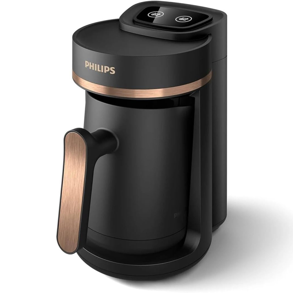 Beyaz bir yüzey üzerinde bakır rengi detaylara ve dokunmatik kontrol paneline sahip siyah Philips kahve makinesi.