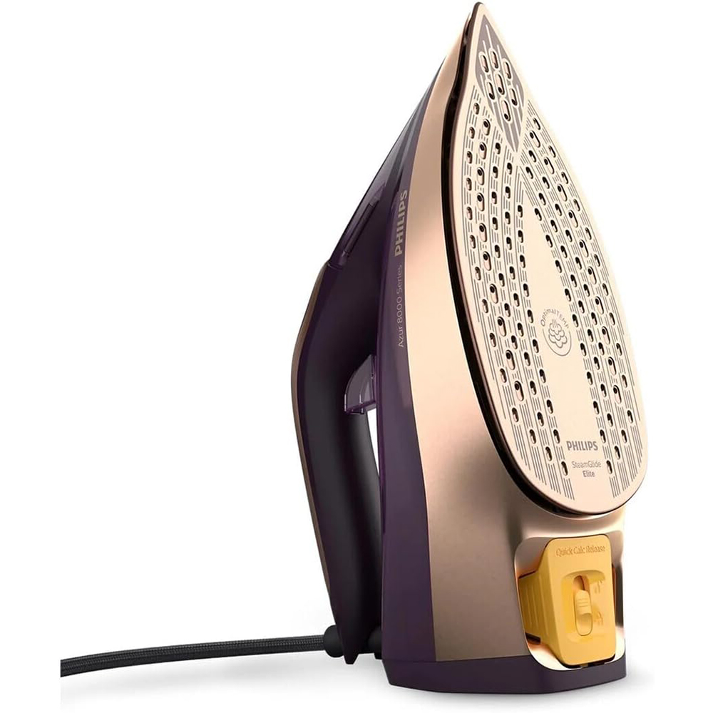 Mor ve pembe altın renkli Philips buharlı ütü dik duruyor, tabanını ve sarı kireç valfini gösteriyor.