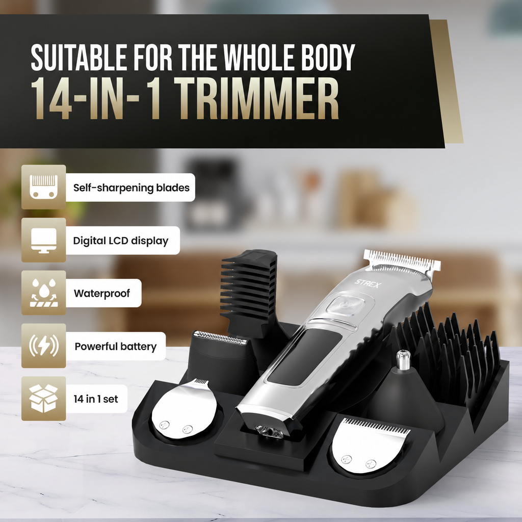 Un set tagliacapelli 14 in 1 con accessori su supporto e descrizioni.