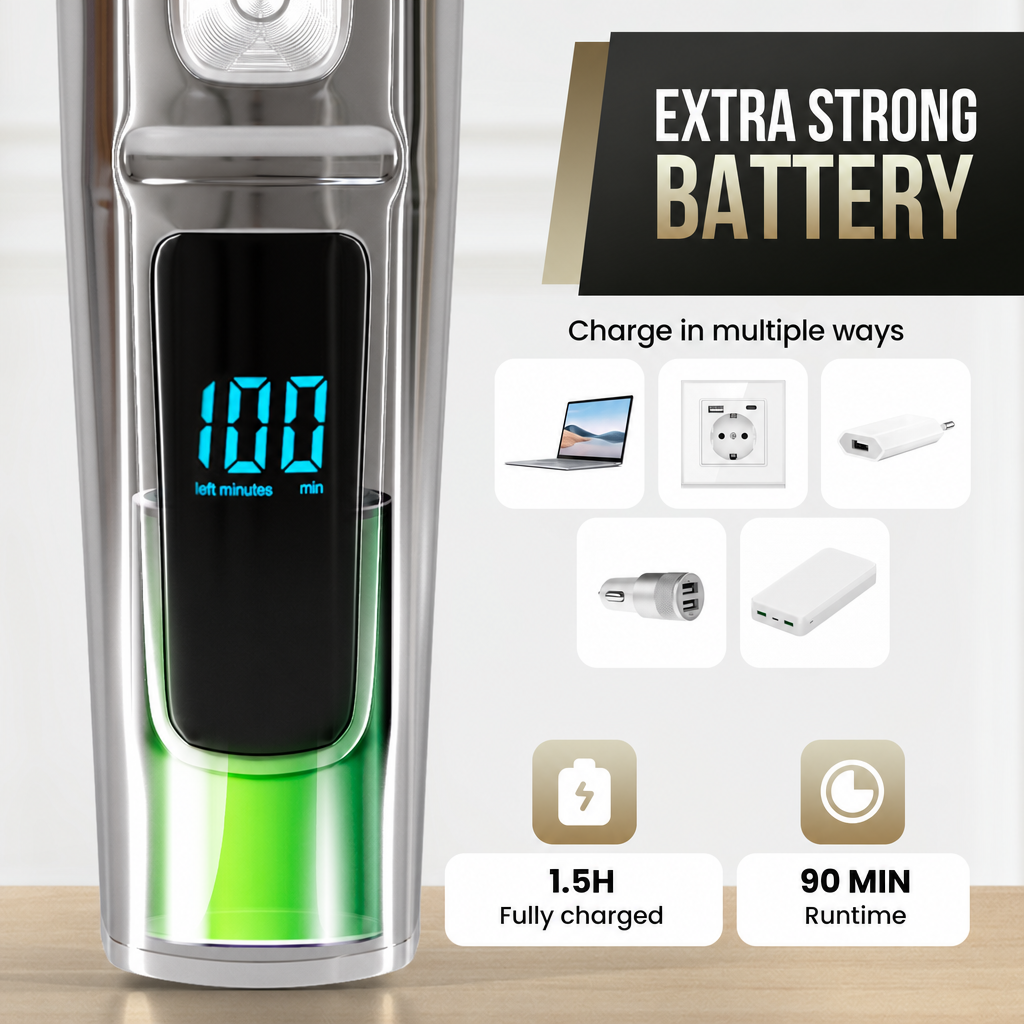 Un trimmer argento con display da 100 minuti, opzioni di ricarica, 1,5 ore di carica e 90 minuti di autonomia.