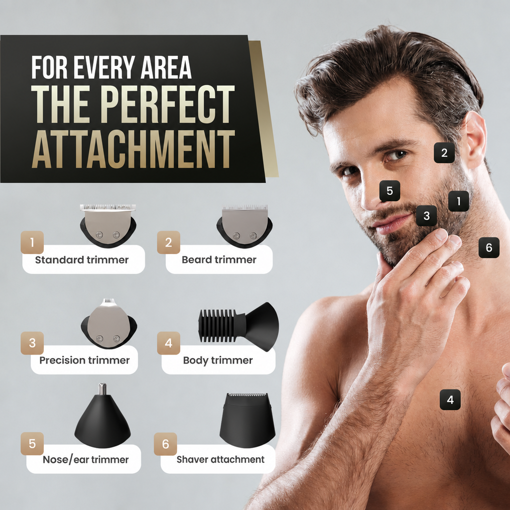 Un uomo con la barba è mostrato accanto a sei accessori di taglio numerati per diverse aree del corpo con etichette.