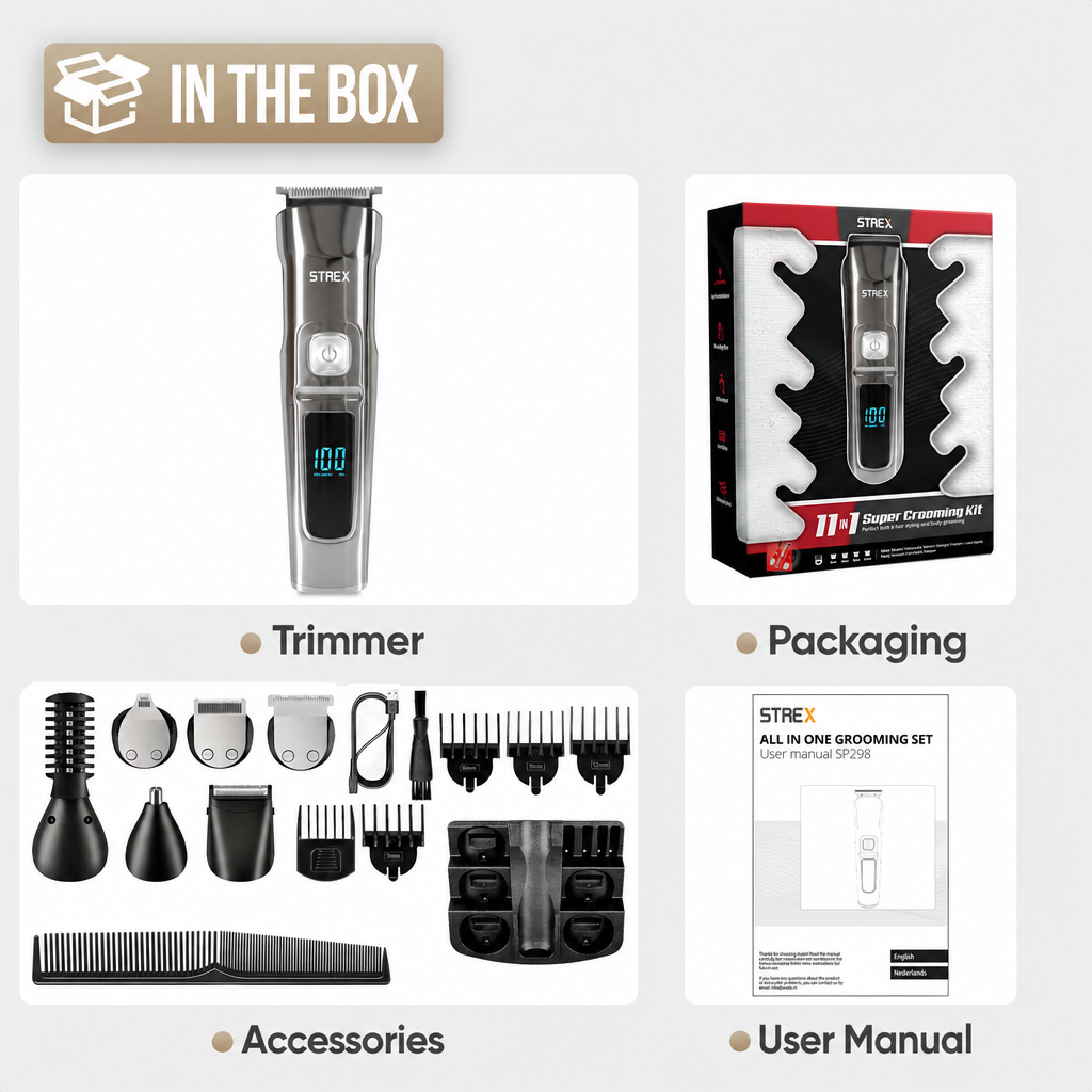 Contenuto del kit Strex: rifinitore, confezione, accessori vari e manuale.