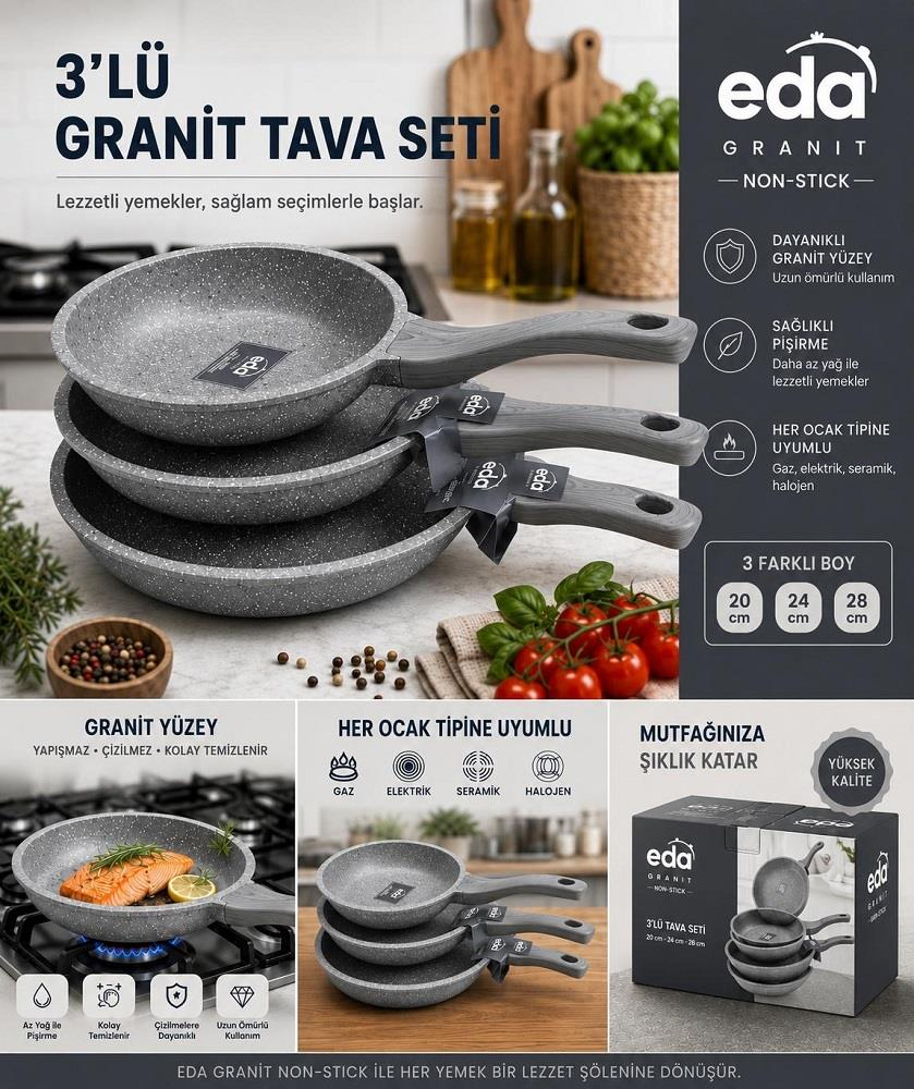 Ahşap kulplu üçlü gri granit tava seti, kutusu ve yemek sahneleriyle birlikte.