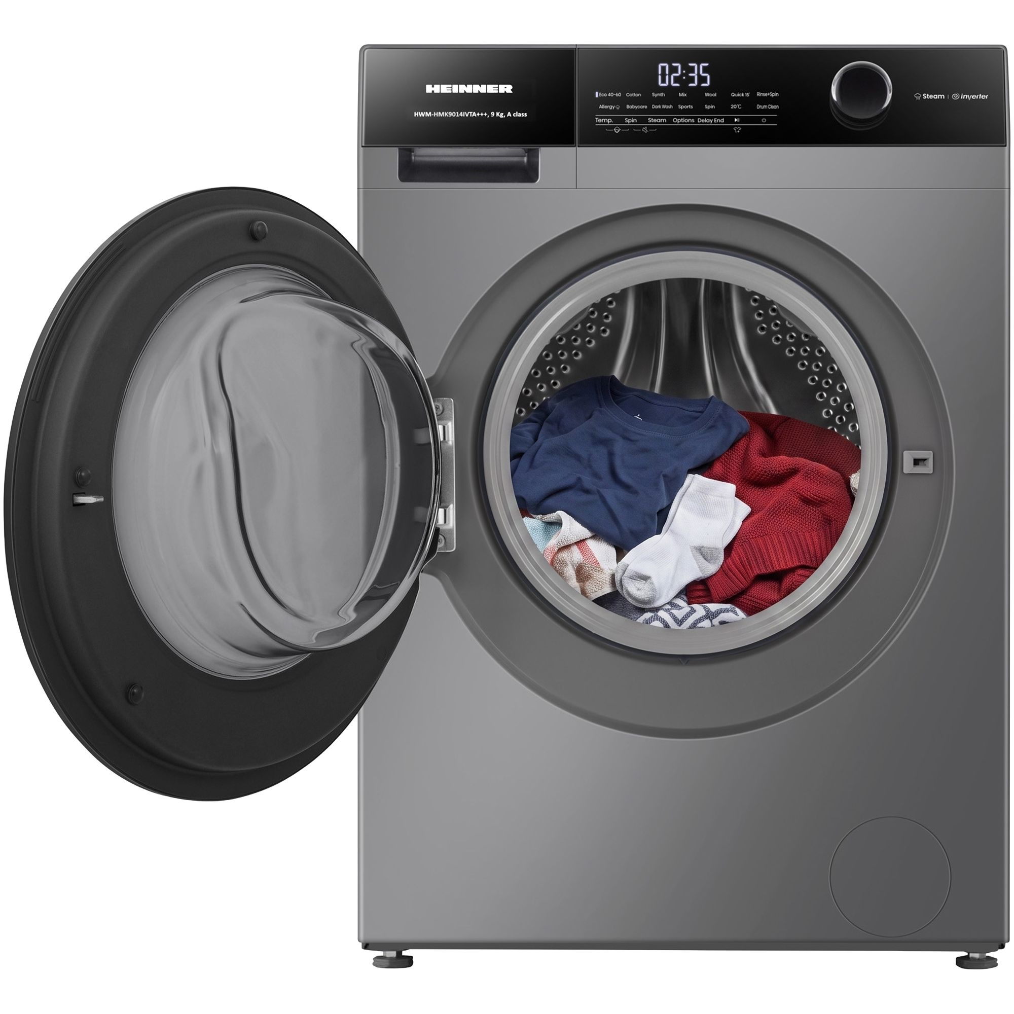 Lave-linge hublot gris Heinner avec porte ouverte et linge coloré dans le tambour.