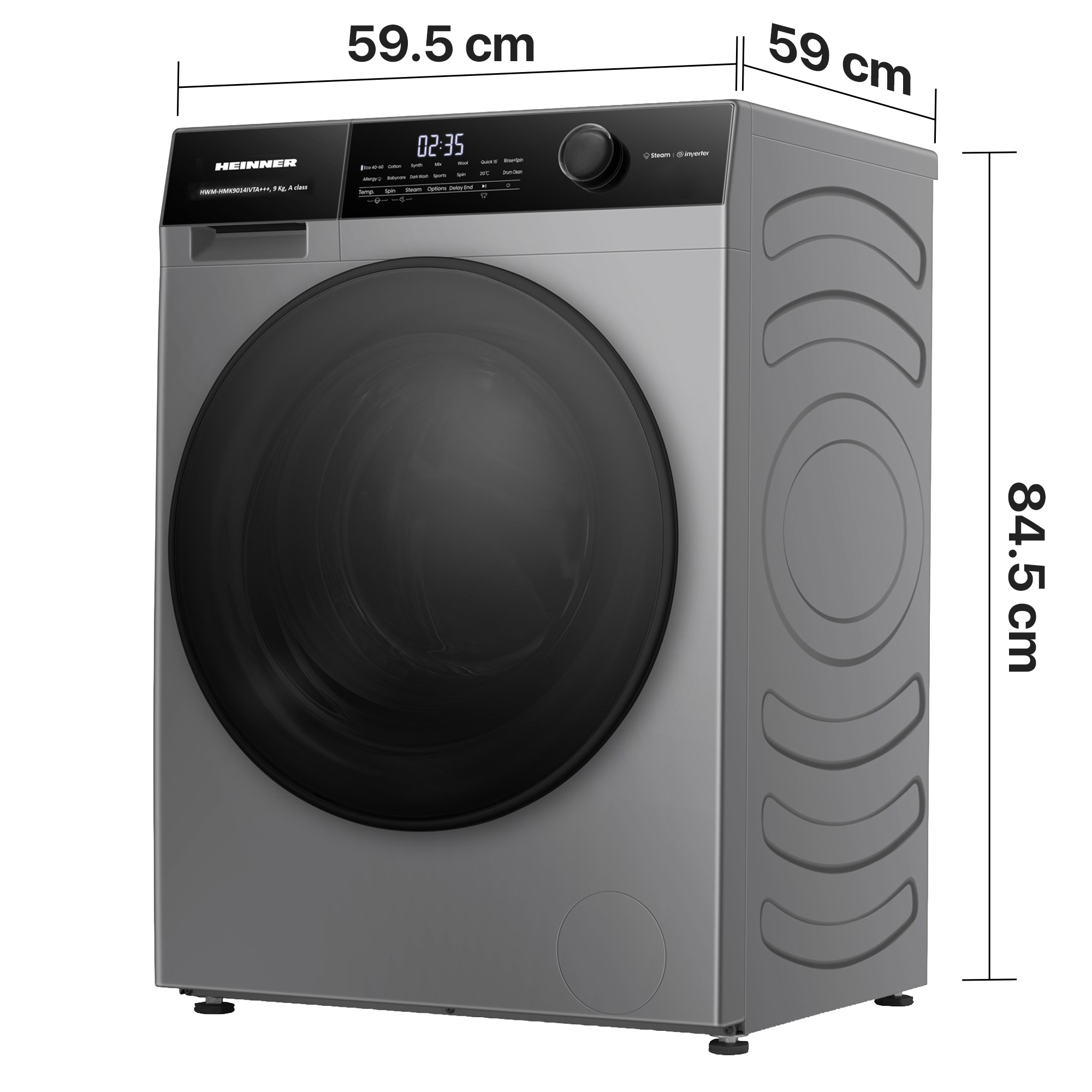 Lave-linge Heinner gris avec des dimensions de 59,5 cm de large, 59 cm de profondeur et 84,5 cm de haut.