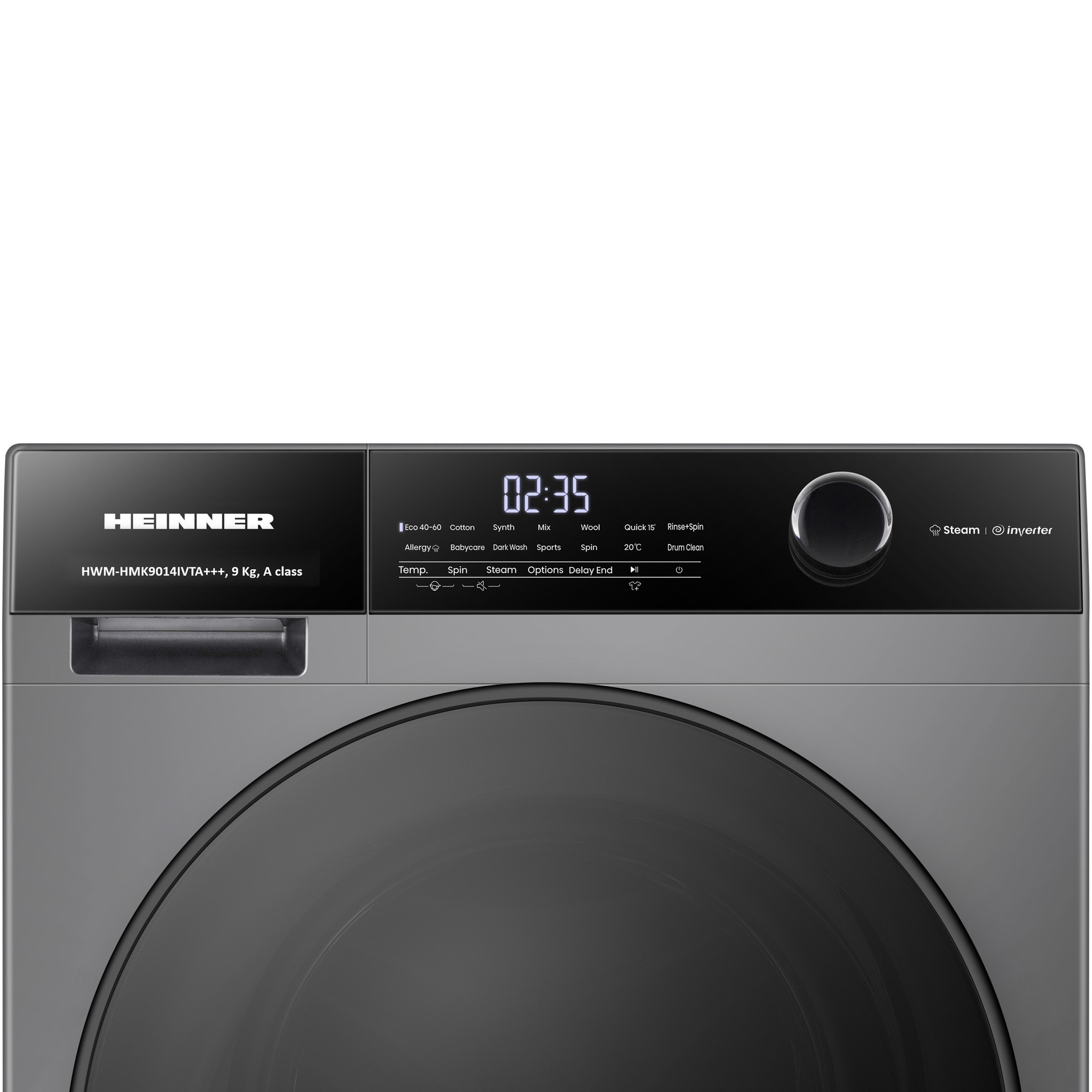 Vue de face d'un lave-linge gris Heinner avec écran numérique, options de programmes et sélecteur rotatif.