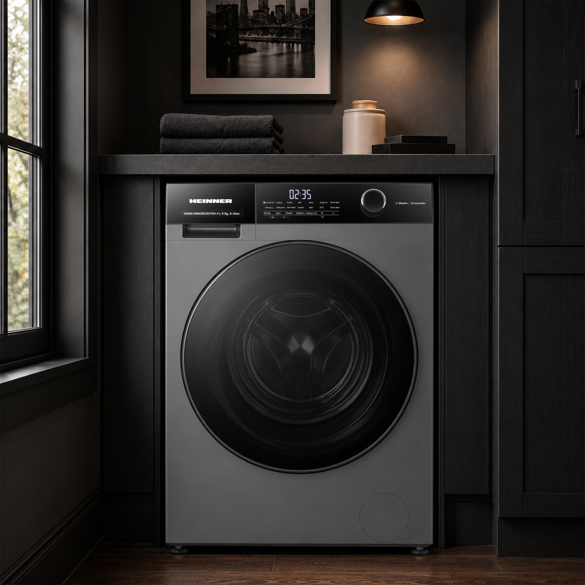 Machine  à laver grise moderne dans une cuisine sombre avec des serviettes et de la déco.