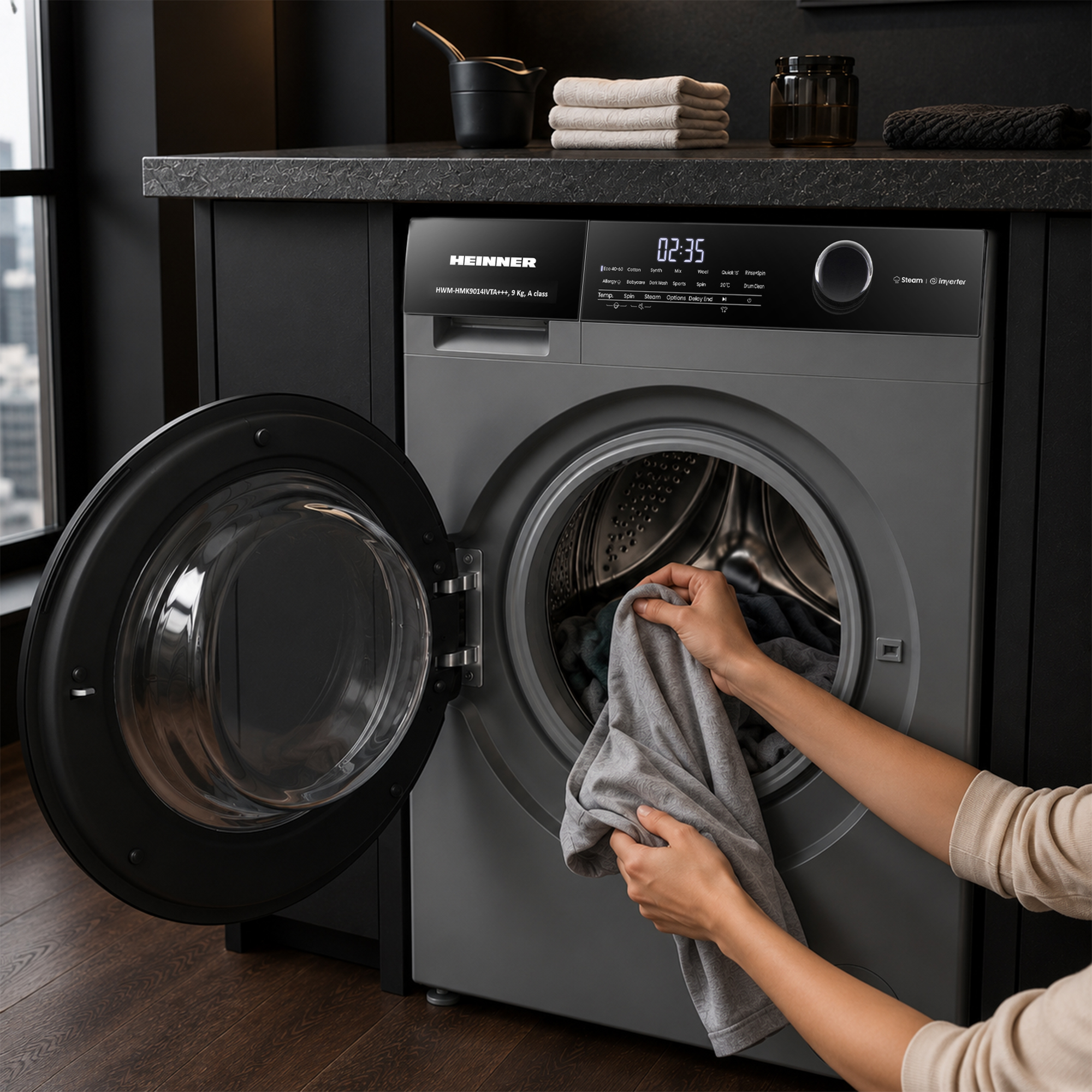 Une personne met du linge gris plié dans un lave-linge Heinner gris moderne.