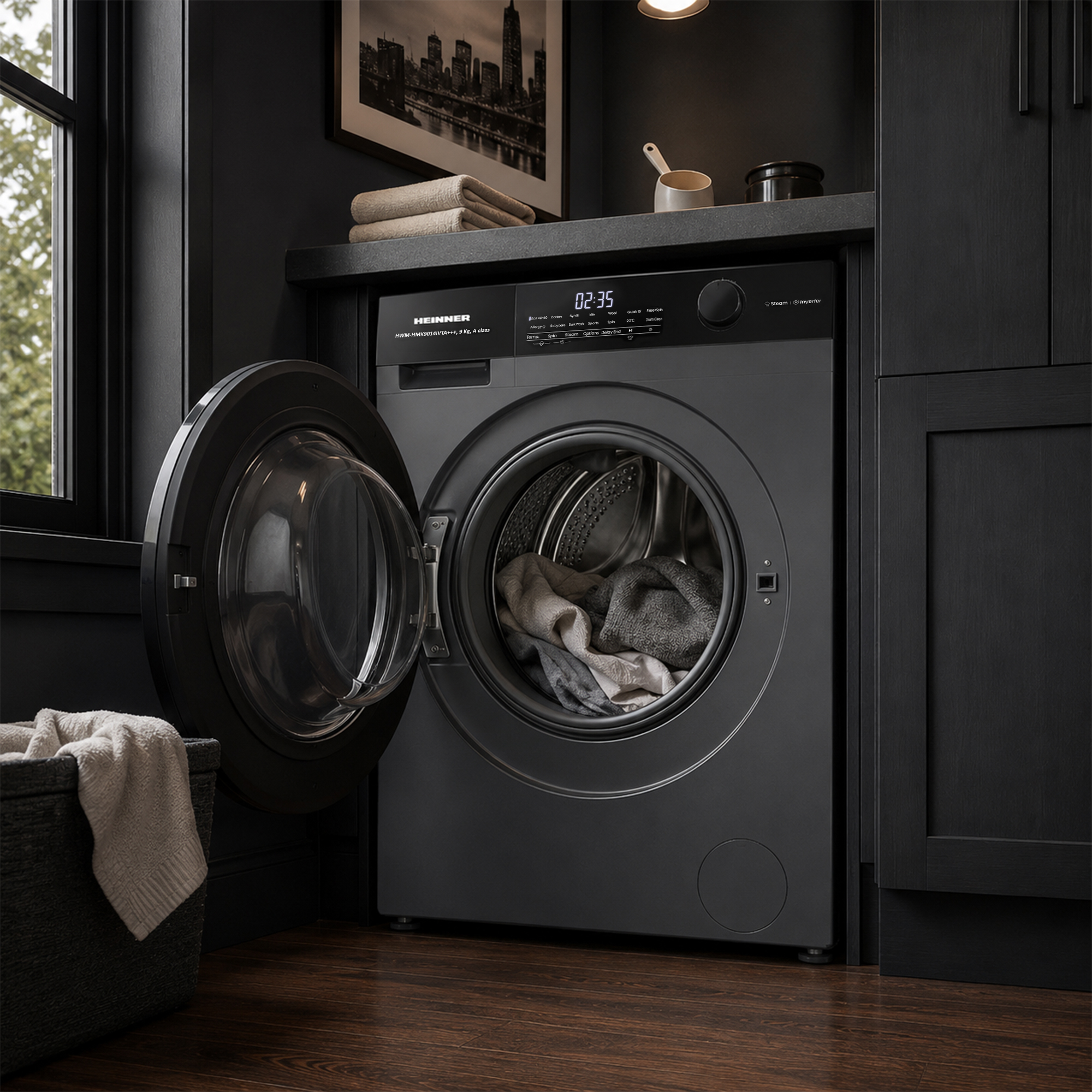 Un lave-linge gris à porte ouverte dans une cuisine sombre avec du linge dans un panier.
