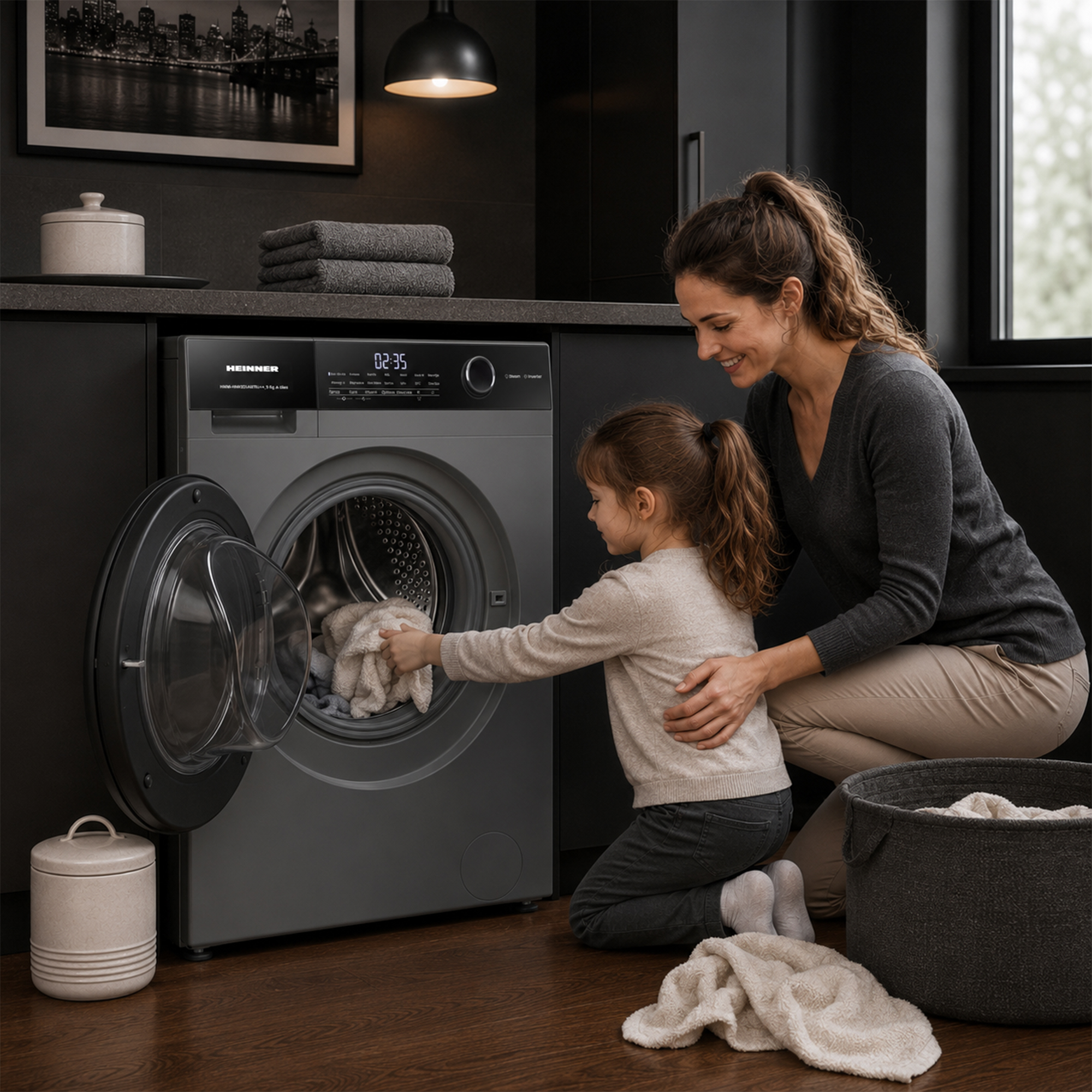 Une femme et une fillette chargent du linge dans un lave-linge noir moderne dans une cuisine élégante.