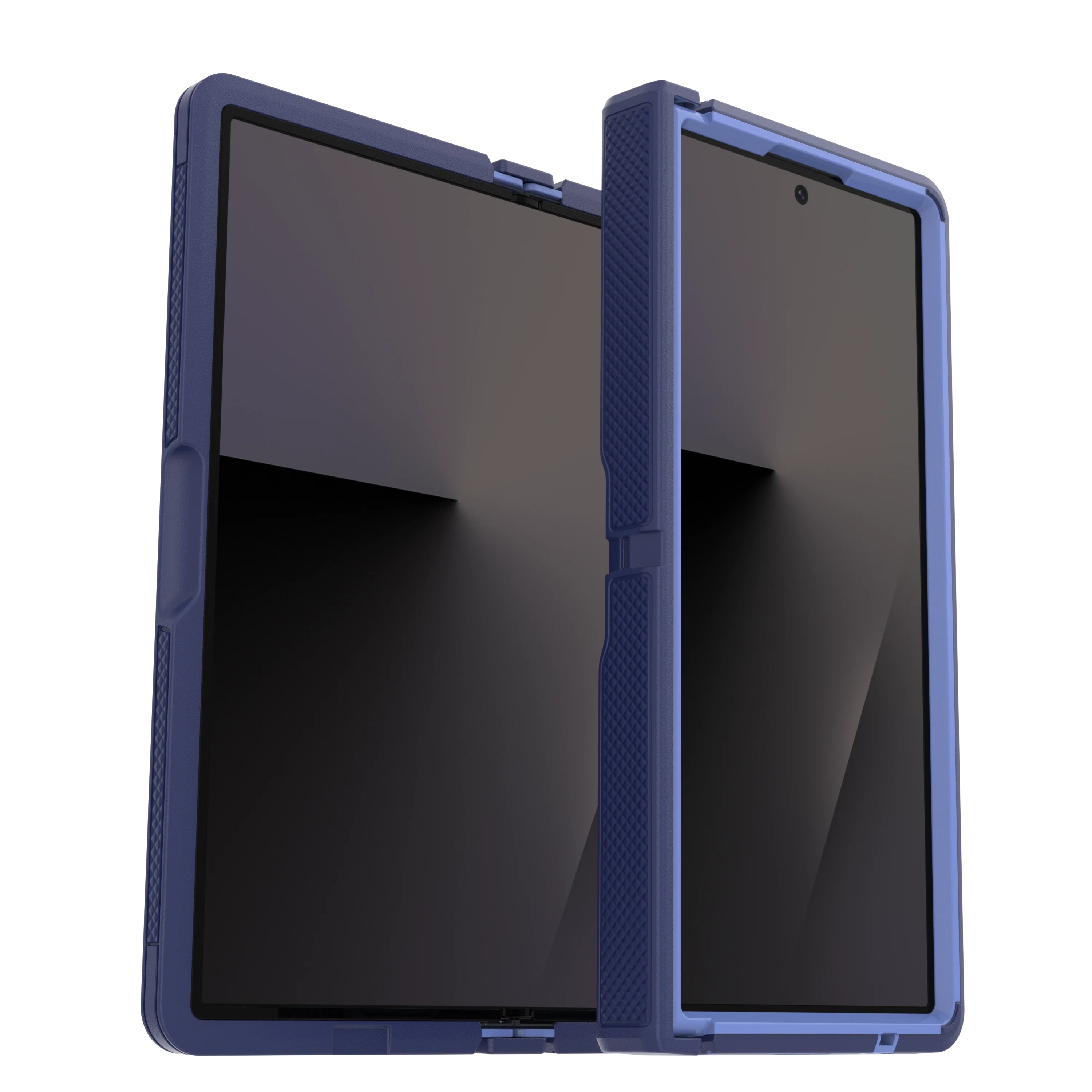 Un smartphone pliable dans une coque de protection bleu foncé et clair, ouvert sur fond blanc.