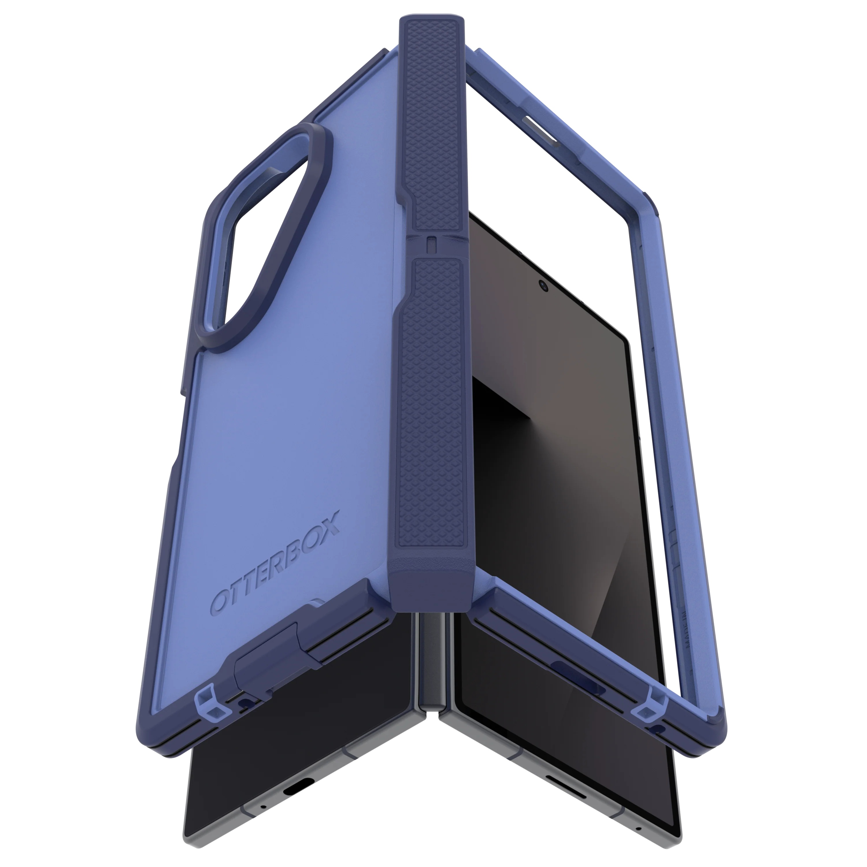 Une coque de protection bleue OtterBox pour smartphone pliable sur fond blanc.