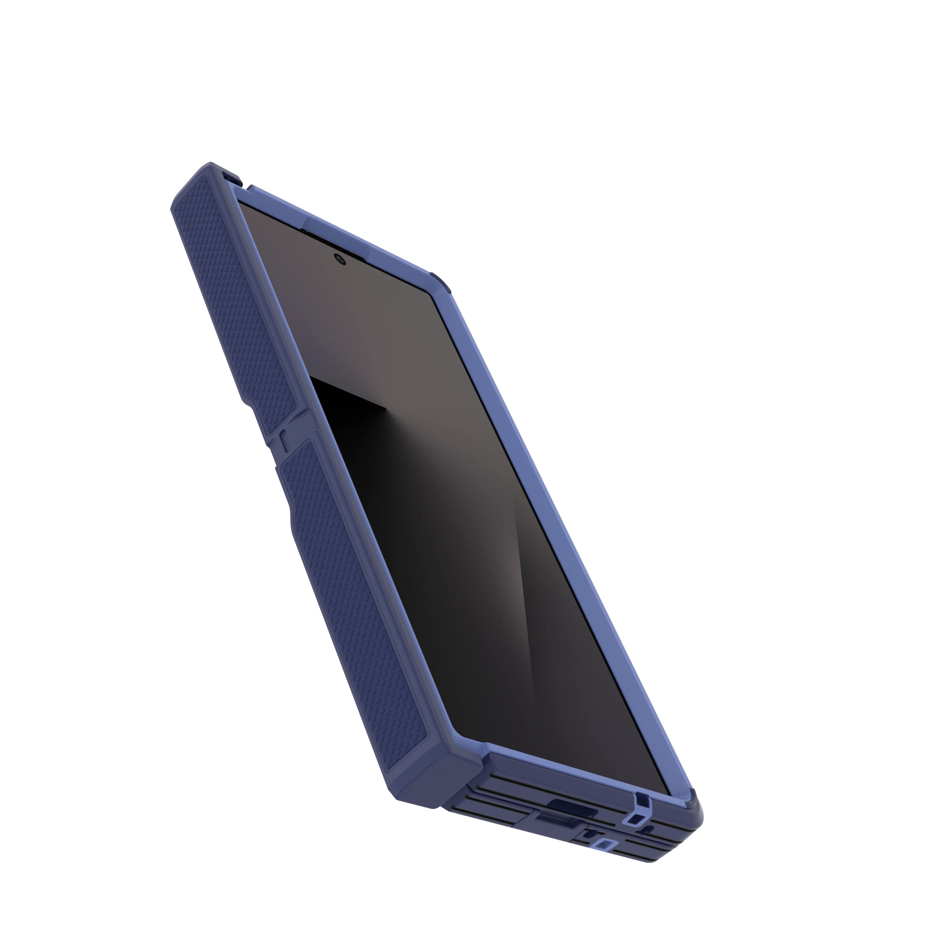 Un smartphone pliable dans une coque de protection bleue, présenté en biais sur fond blanc.