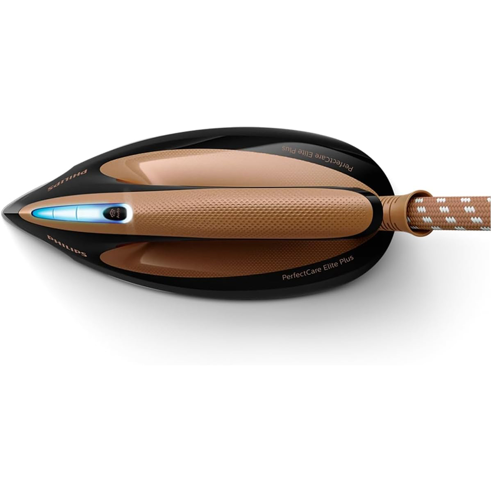 Üstten görünen siyah ve bronz renkli Philips buharlı ütü, tutma yerinde parlayan mavi LED göstergelere sahip.