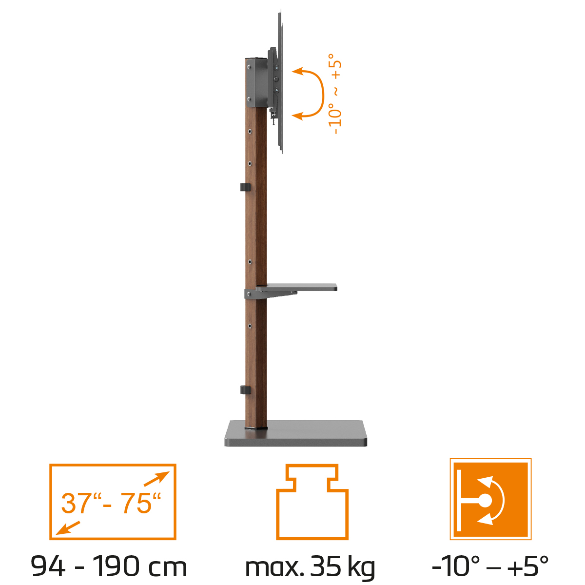 Holz-TV-Ständer mit Metallteilen, passend für Bildschirme von 37 bis 75 Zoll und bis zu 35 kg.