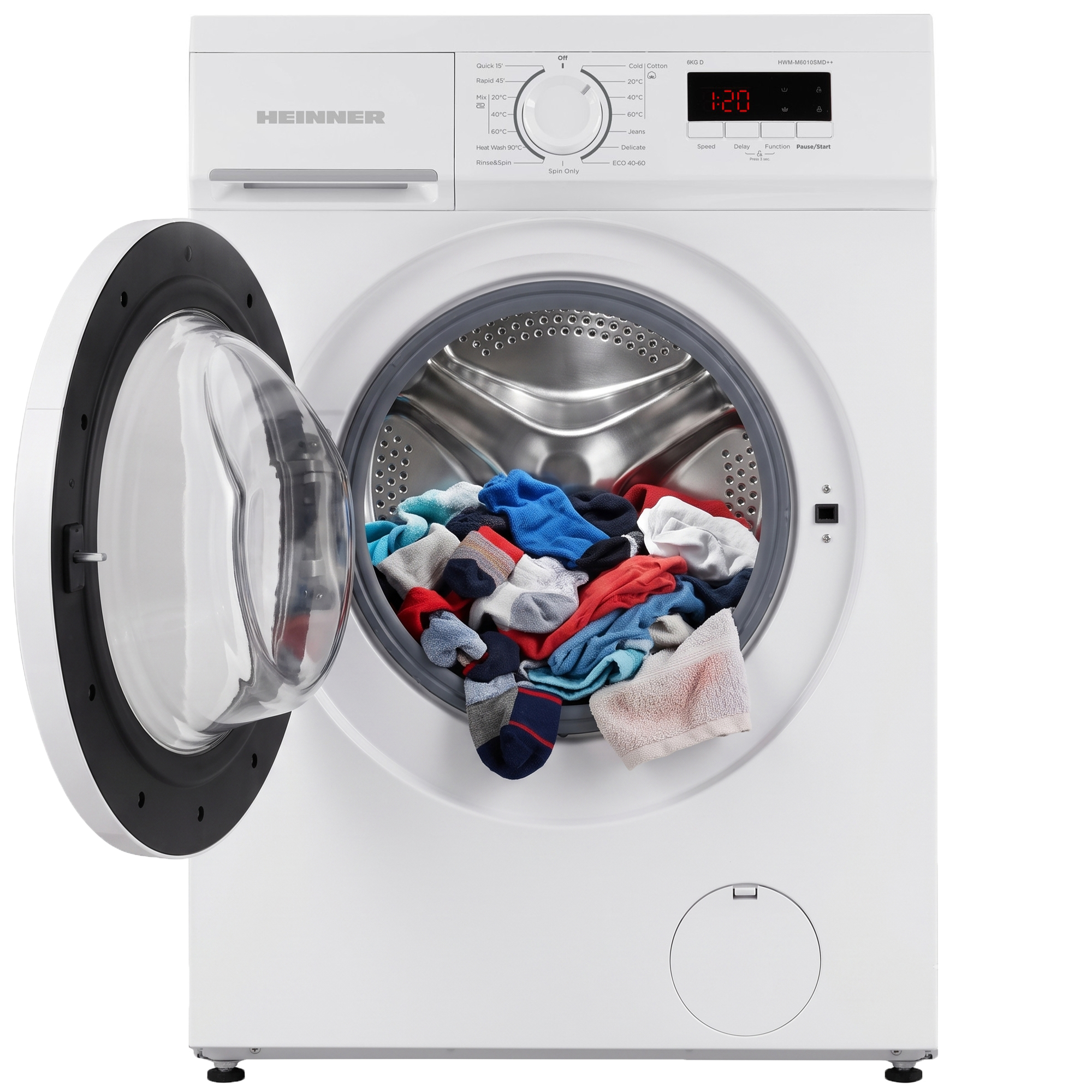 Un lave-linge hublot blanc avec la porte ouverte, rempli de vêtements colorés dans le tambour en acier inoxydable.