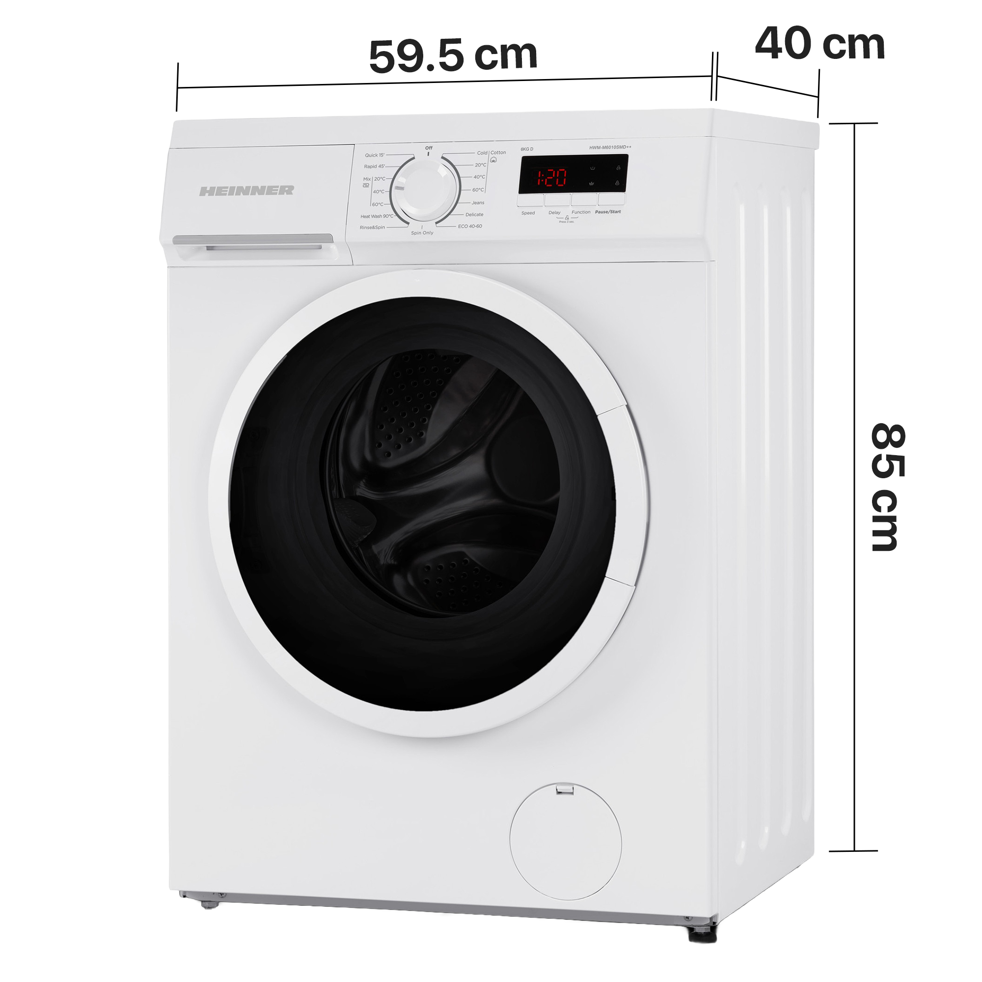 Lave-linge blanc Heinner avec dimensions 59,5x40x85 cm sur fond blanc.
