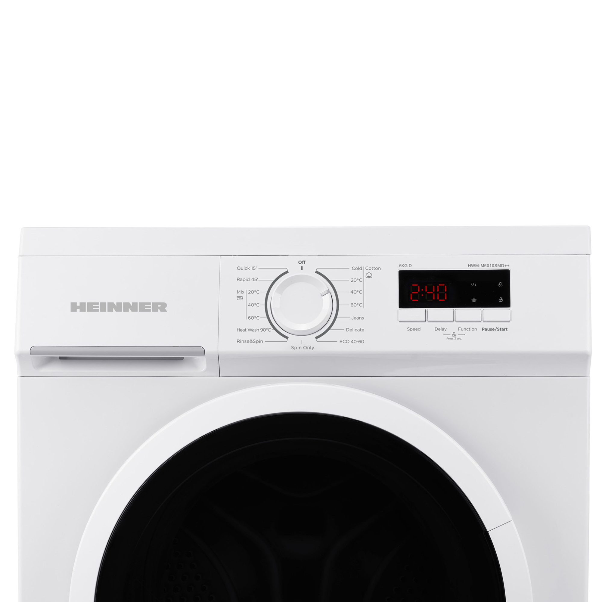 Panneau de commande d'un lave-linge blanc Heinner avec sélecteur central, affichage numérique et boutons.