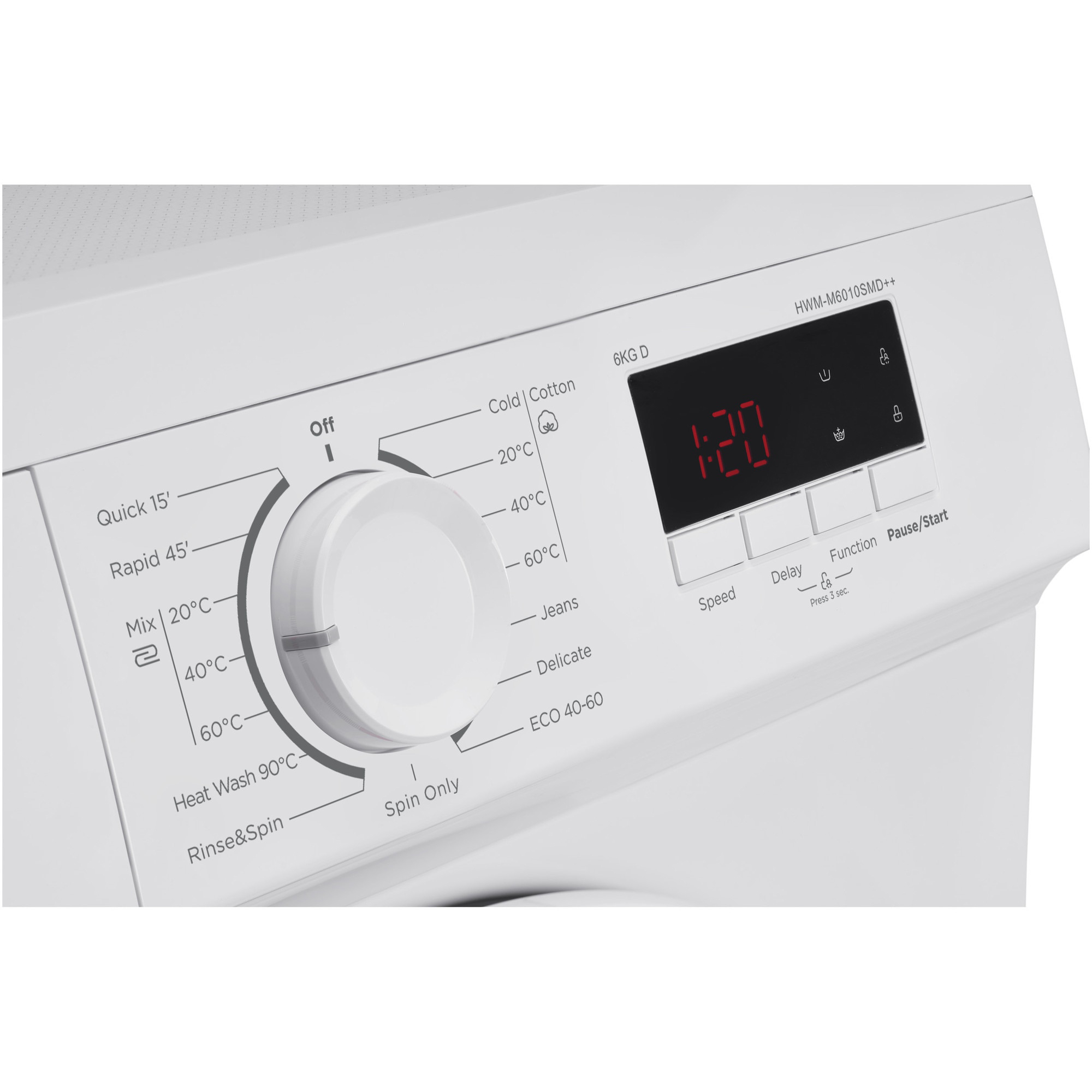 Gros plan sur le panneau de commande d'un lave-linge blanc avec sélecteur rotatif et écran numérique rouge.