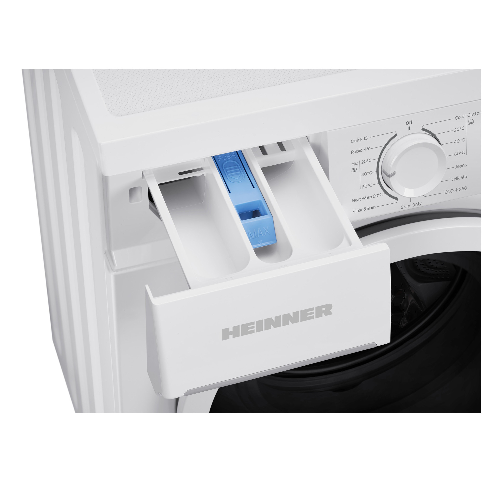 Tiroir à détergent ouvert d'un lave-linge blanc Heinner.