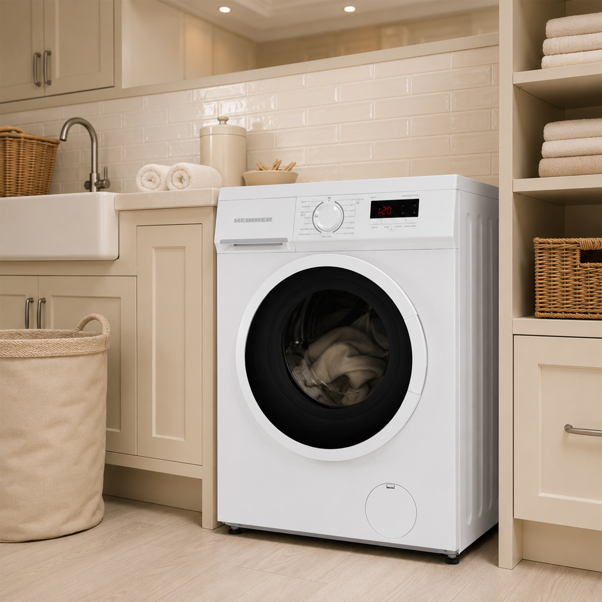 Un lave-linge blanc est installé dans une buanderie couleur crème avec des serviettes roulées et un évier.