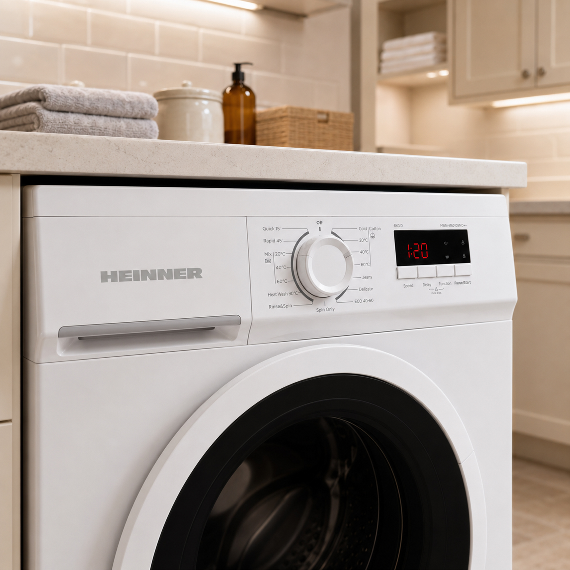 Een witte Heinner wasmachine staat onder een aanrecht, met draaiknop en digitaal display dat 1:20 toont.