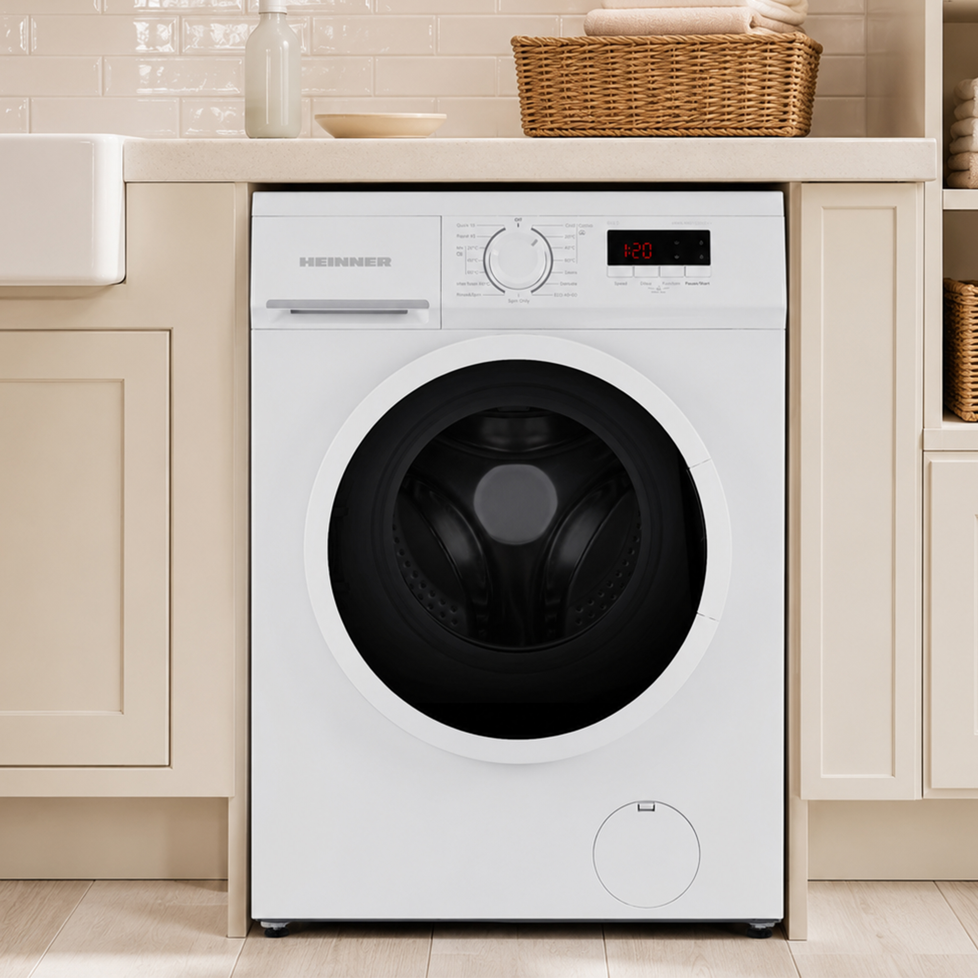 Un lave-linge blanc Heinner est placé sous un plan de travail clair dans une cuisine aux placards beiges.