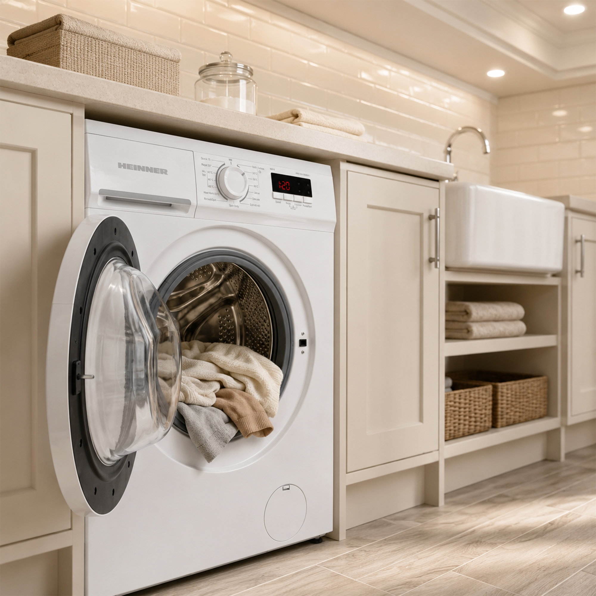 Un lave-linge blanc avec une porte ouverte se trouve dans une buanderie lumineuse aux meubles beige.