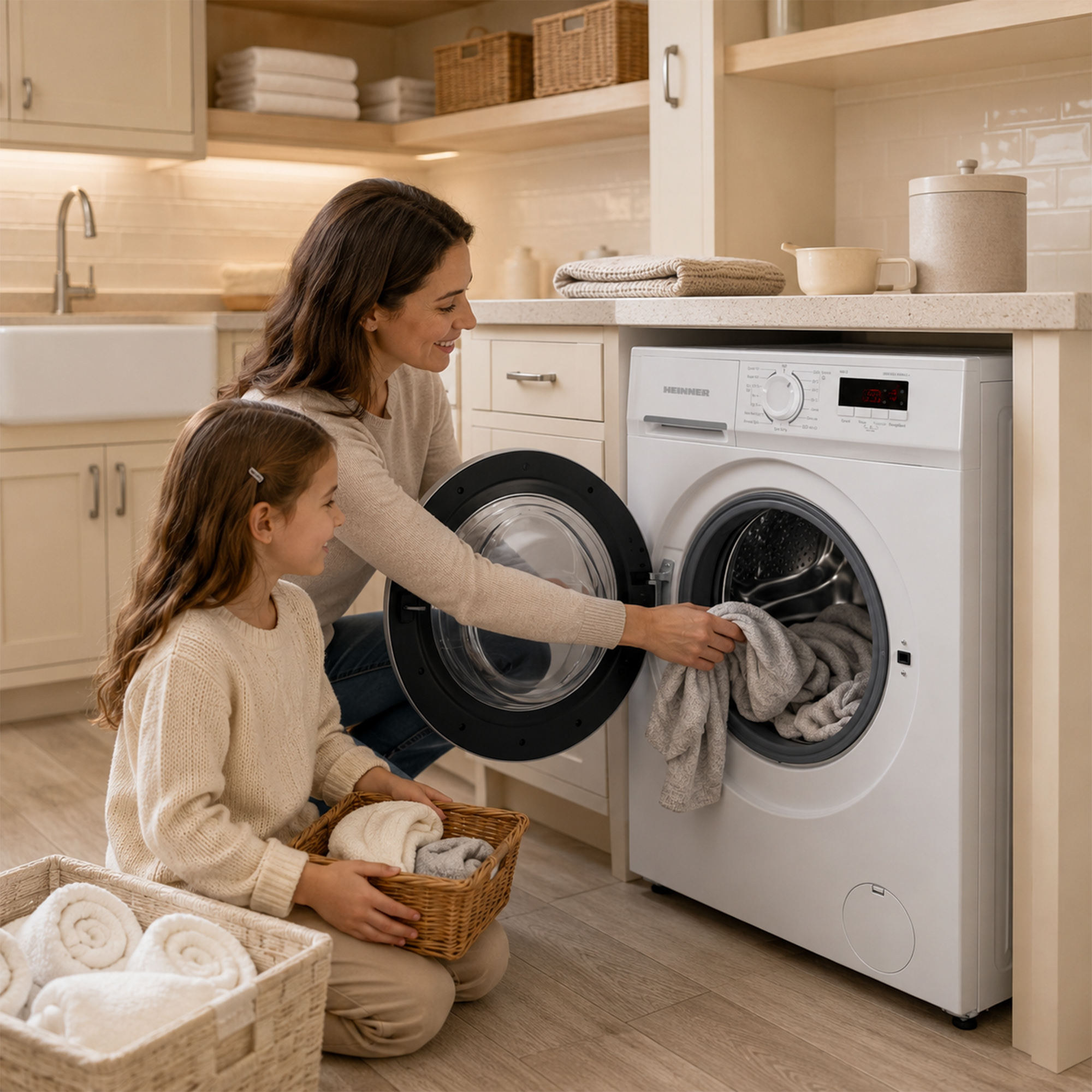 Une femme et une fillette chargent du linge dans un lave-linge blanc dans une cuisine lumineuse.