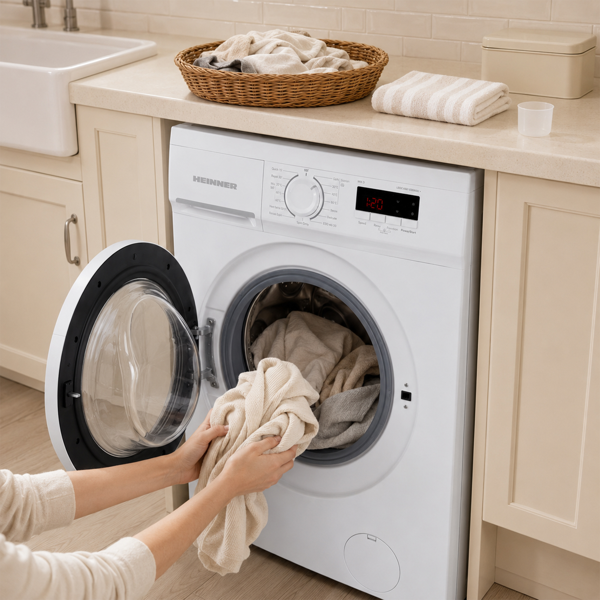 Iemand stopt wasgoed in een witte wasmachine, met een mand en handdoek op het aanrecht.