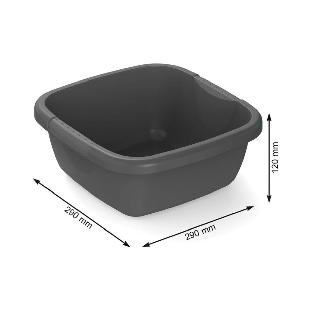 Kwadratowa, ciemnoszara miska plastikowa ze strzałkami wymiarowymi wskazującymi 290 mm szerokości, długości i 120 mm wysokości.