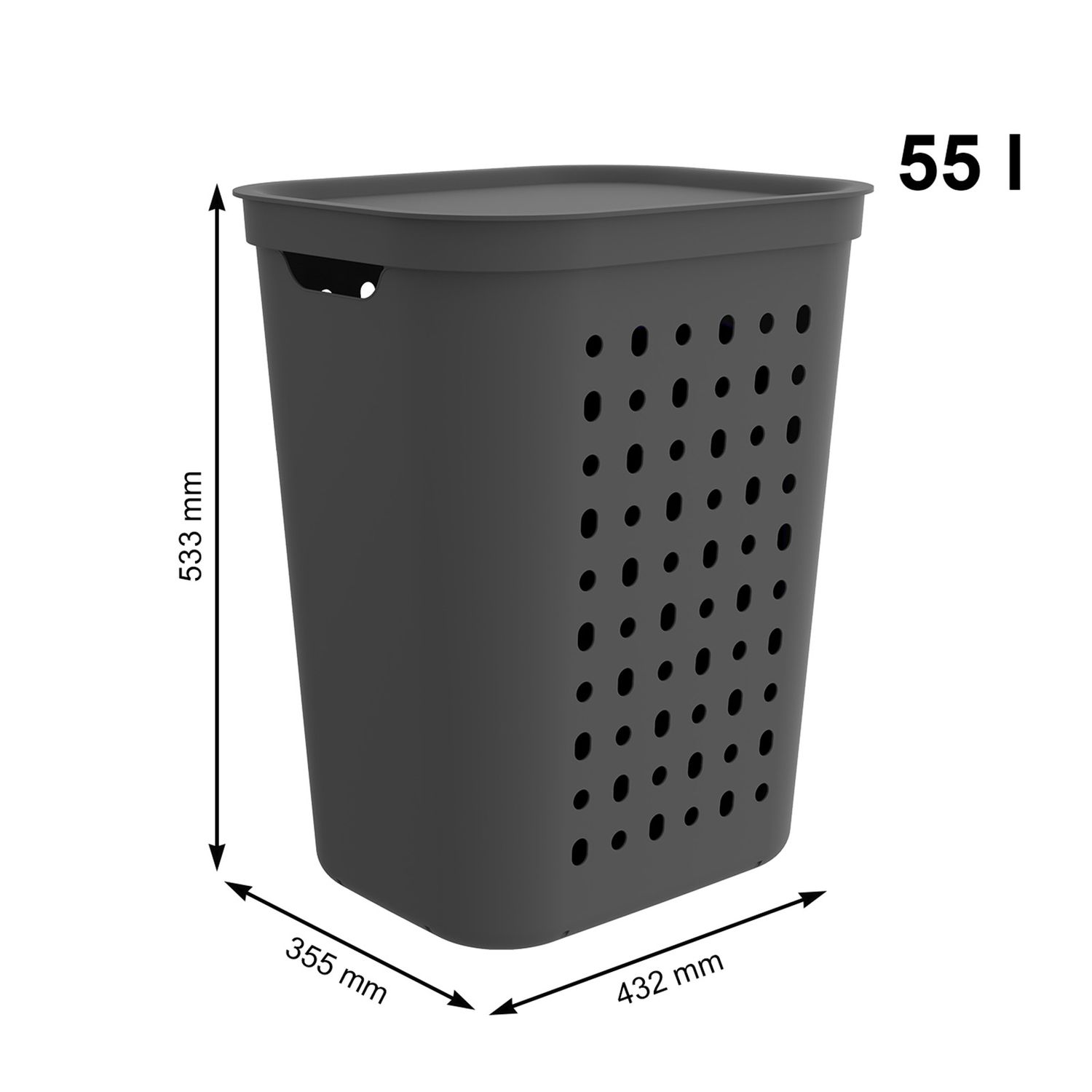 Szary kosz na pranie 55L o wymiarach 533x432x355 mm na białym tle.