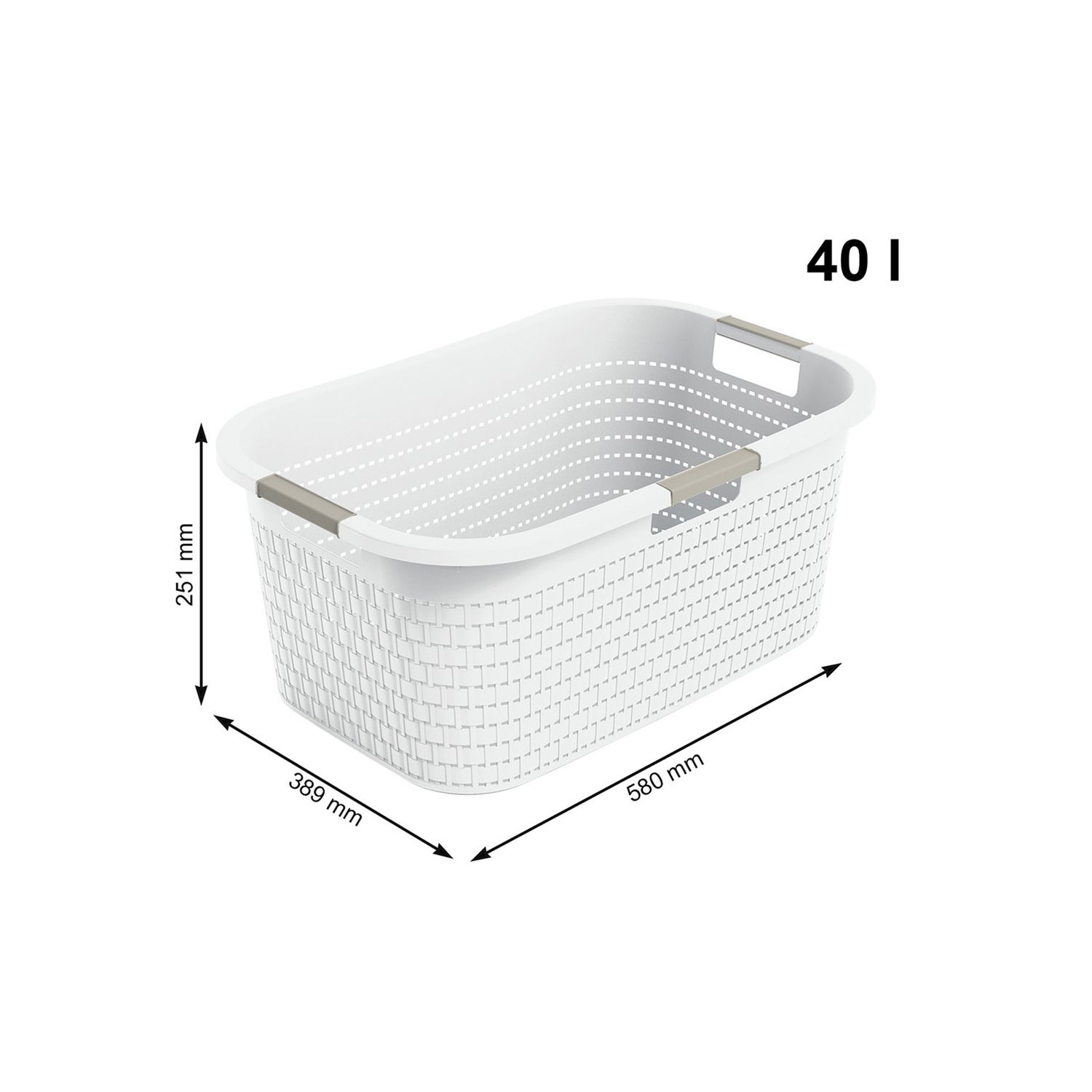 Biały plastikowy kosz na pranie o pojemności 40 l i wymiarach 580x389x251 mm na białym tle.