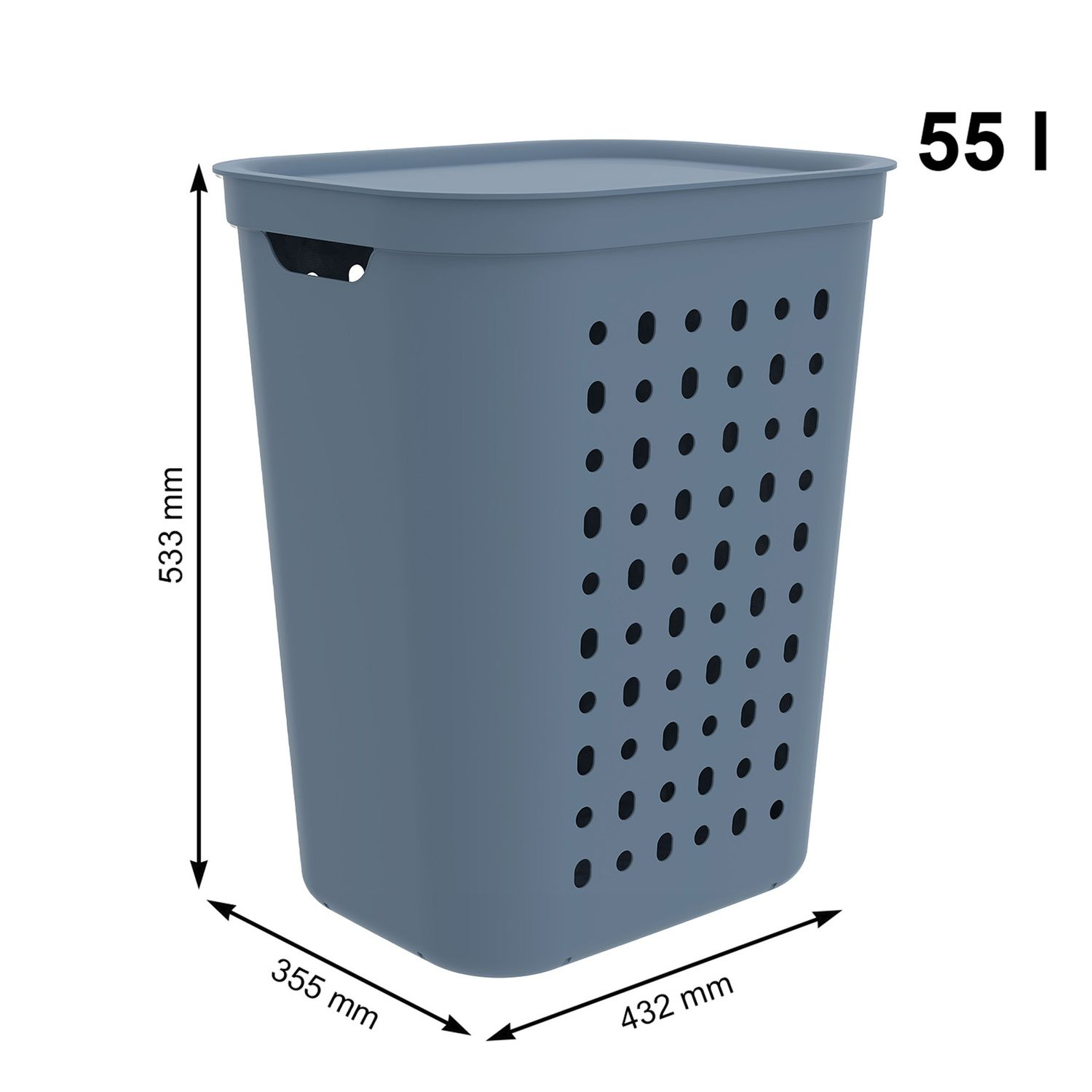 Niebieski kosz na pranie o pojemności 55 l z wymiarami: wysokość 533 mm, szerokość 432 mm, głębokość 355 mm na białym tle.