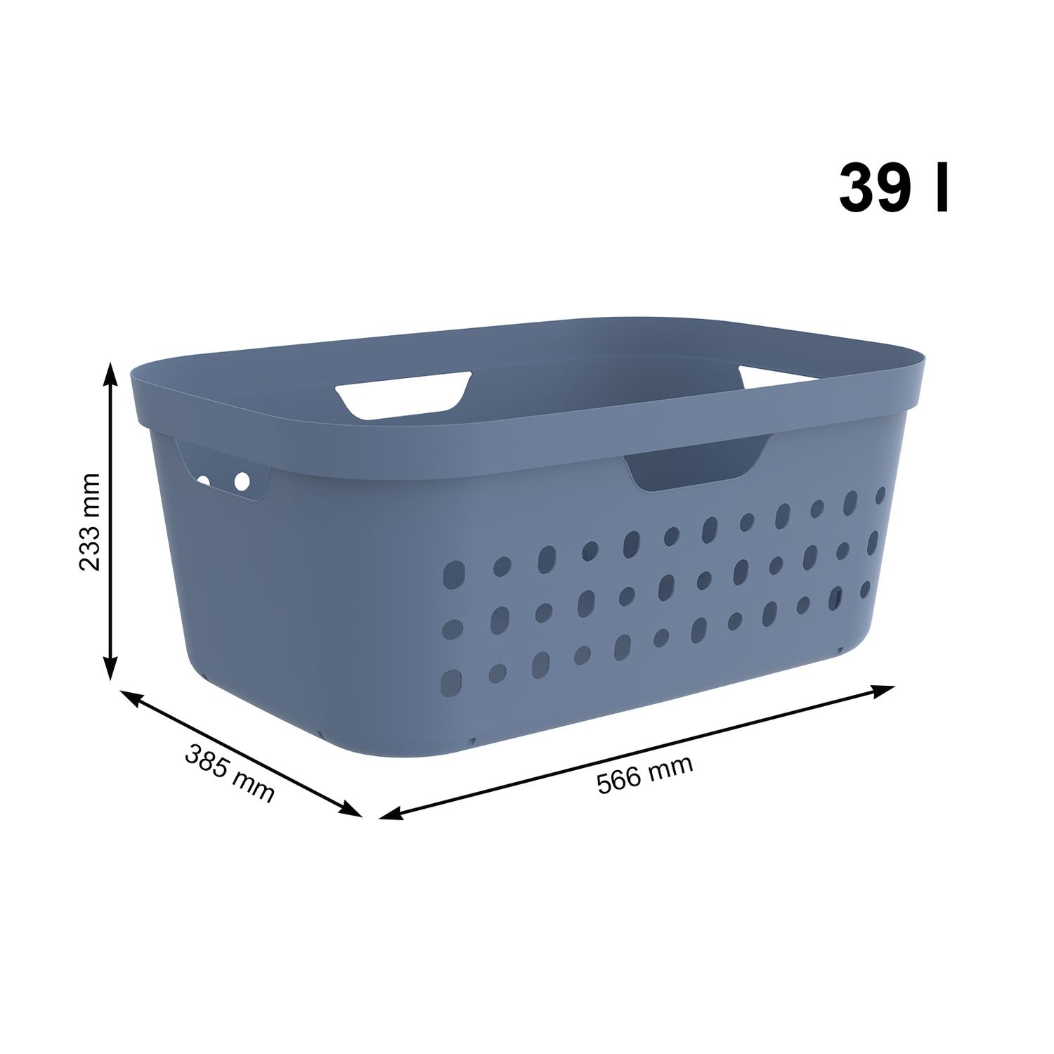 Niebieski plastikowy kosz na pranie o wymiarach 566x385x233 mm i pojemności 39L na białym tle.