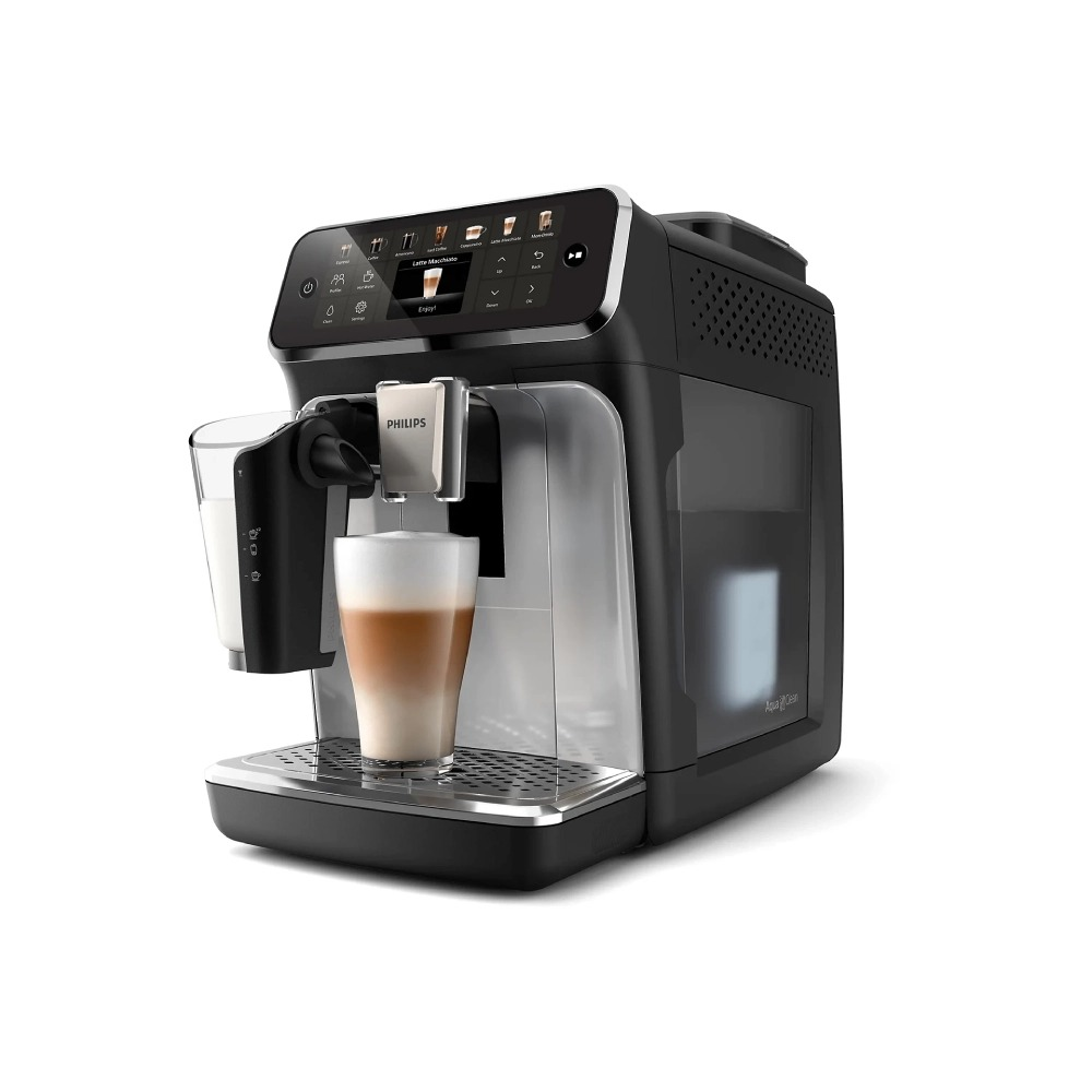 Dokunmatik ekranlı siyah bir Philips espresso makinesi, uzun bir bardakta katmanlı bir latte macchiato yapıyor.