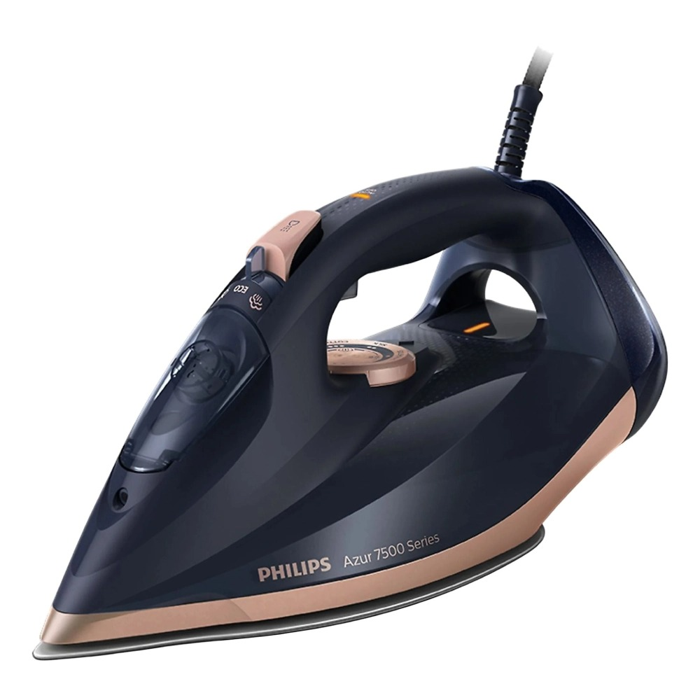 Beyaz arka planda gül kurusu detaylara sahip koyu mavi Philips Azur 7500 Series buharlı ütü.