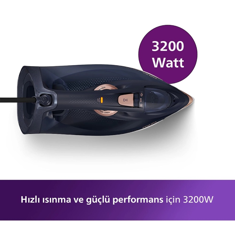 Koyu mavi ve pembe altın renkli ütünün üstten görünümü, 3200 Watt mor rozet ve Türkçe tanıtım metni içerir.
