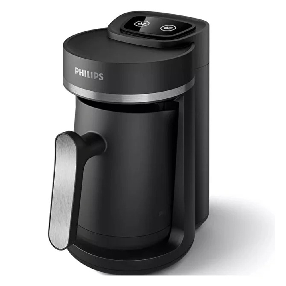 Beyaz arka planda gümüş kulplu ve üstte kontrollere sahip şık siyah Philips kahve makinesi.