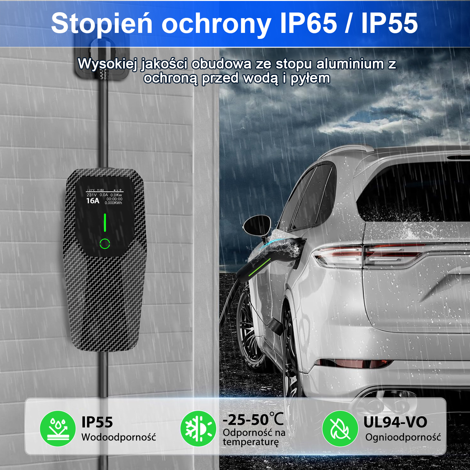 Odporna na warunki atmosferyczne stacja ładowania EV na ścianie, ładująca samochód w deszczu.