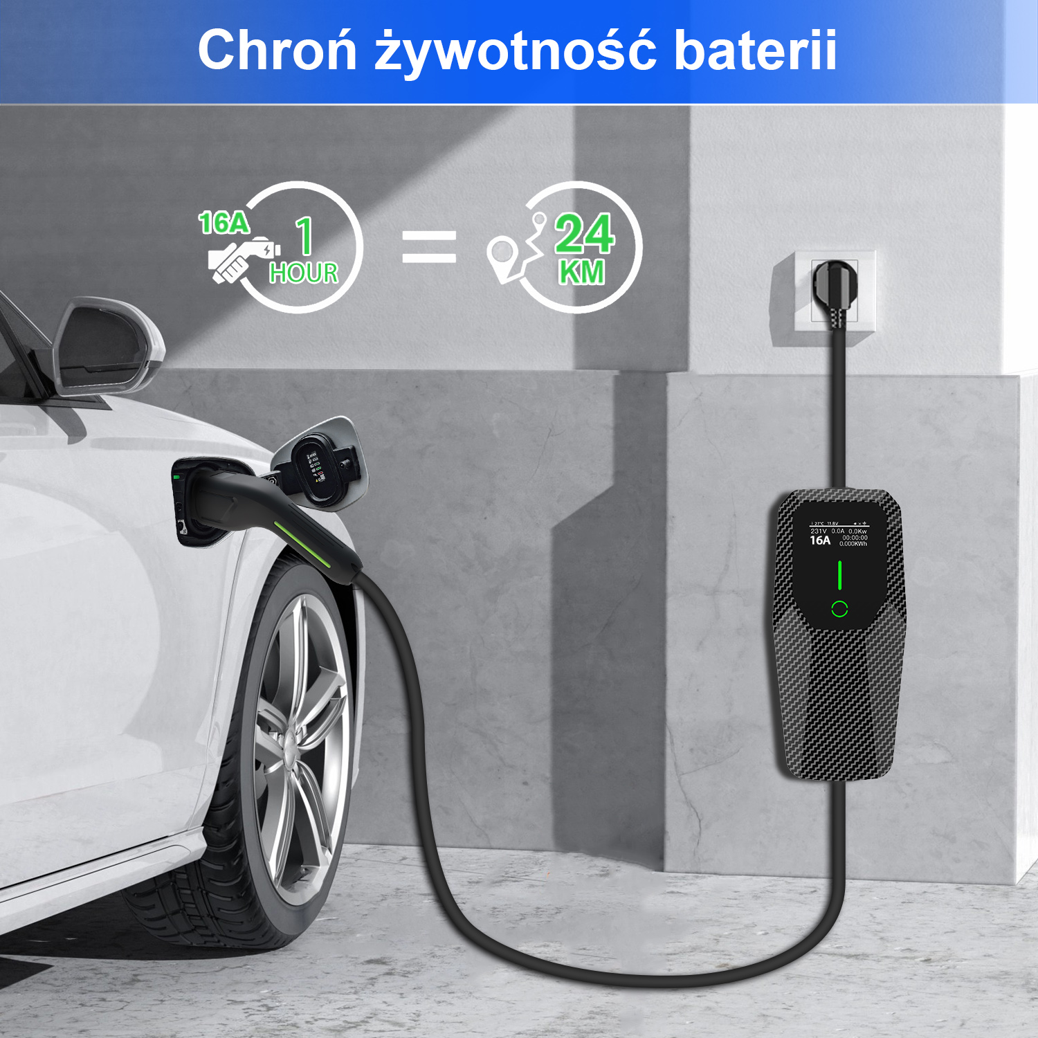 Samochód elektryczny ładuje się z naściennej stacji, z grafiką czasu i zasięgu.
