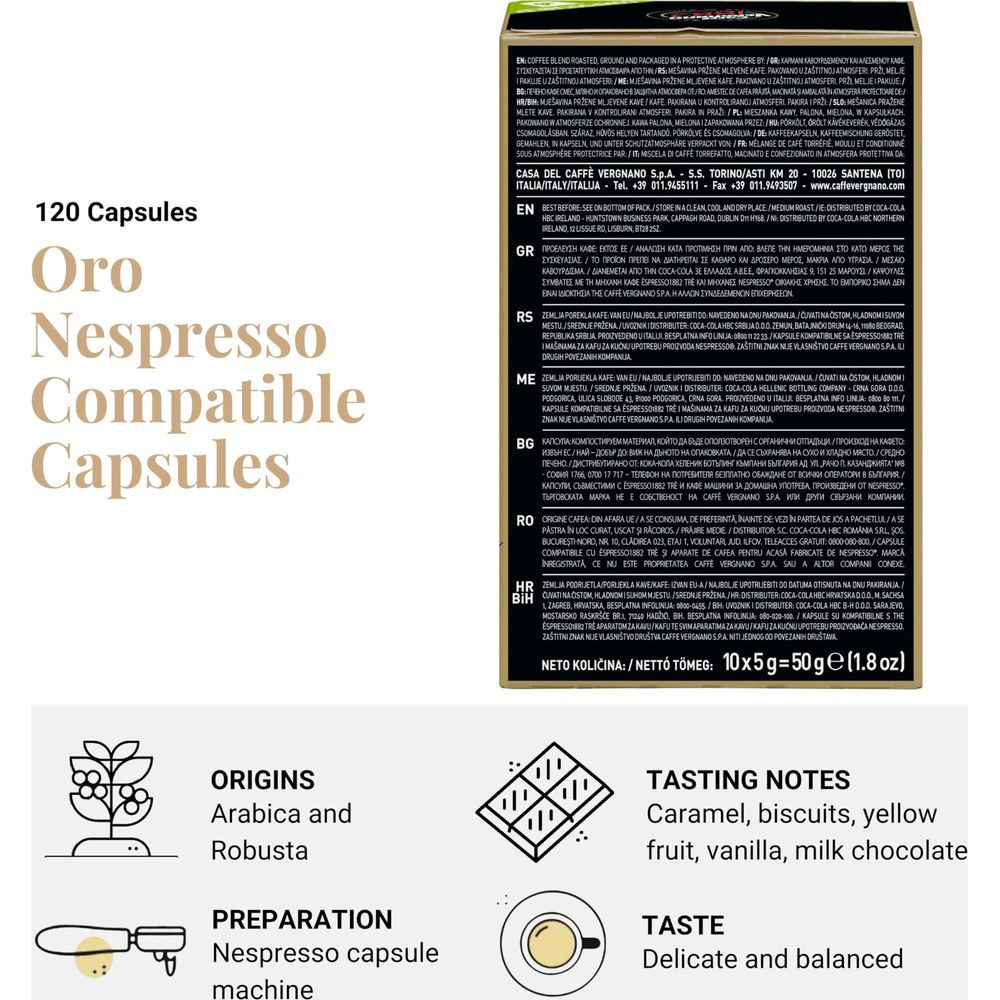 Confezione di capsule di caffè dorata con testo e icone per origine, note di degustazione e preparazione.