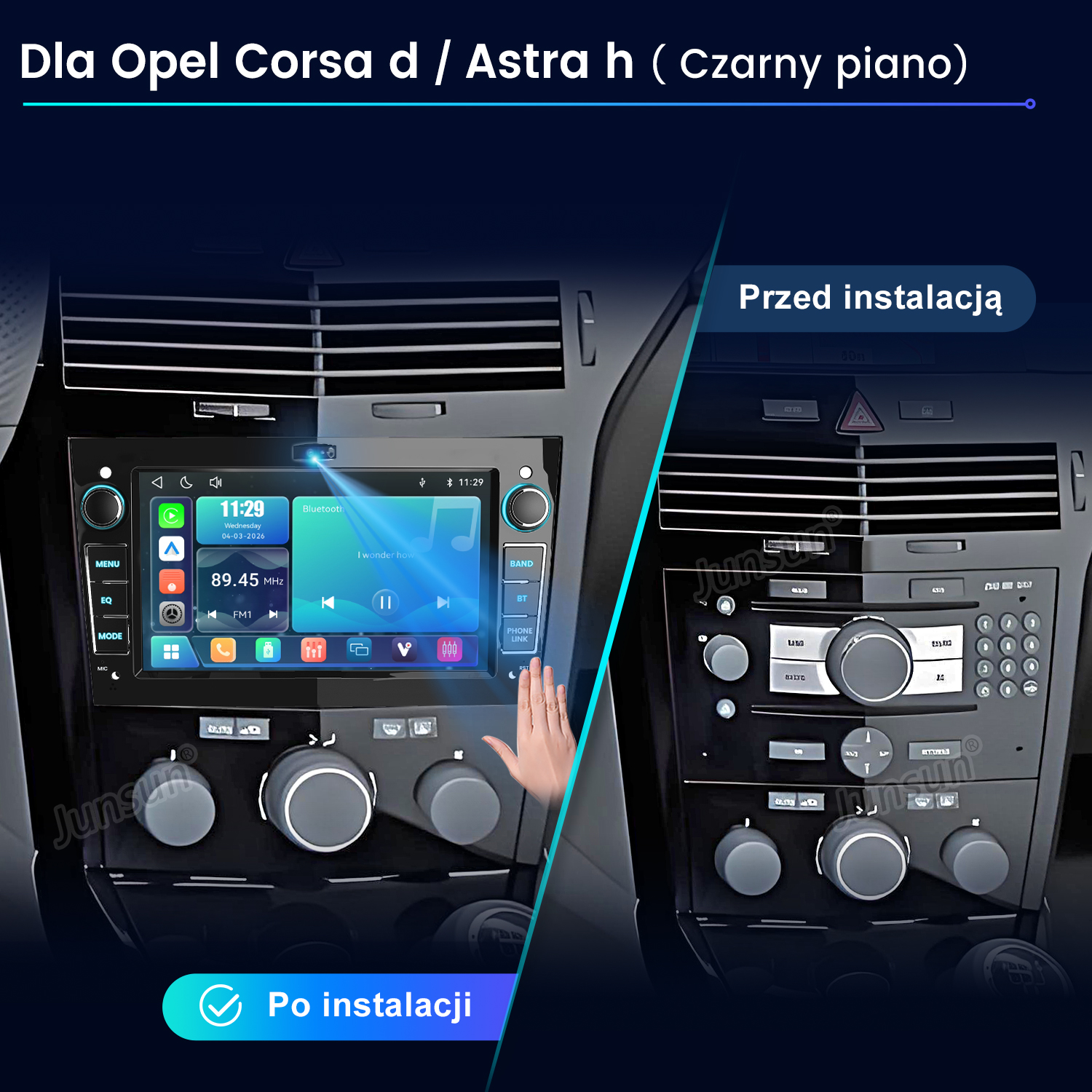 Porównanie wnętrza samochodu Opel przed i po instalacji nowego systemu multimedialnego z dotykowym ekranem.
