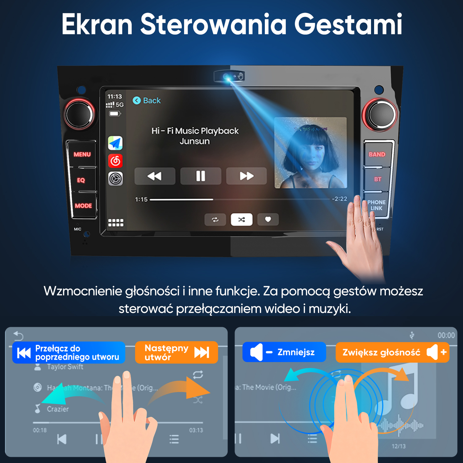Radio samochodowe z funkcją sterowania gestami do odtwarzania muzyki.