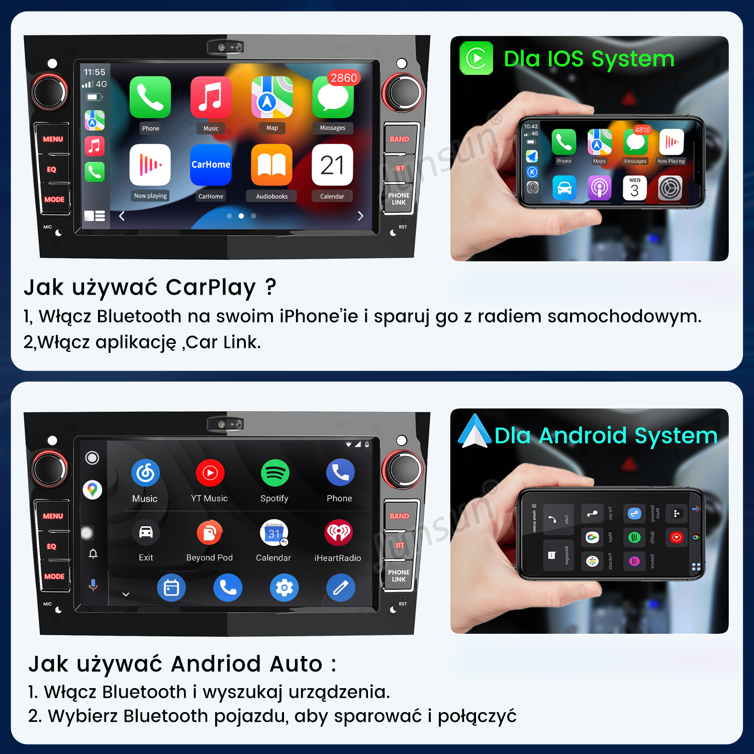 Instrukcje podłączania iPhone'ów przez CarPlay i urządzeń z systemem Android przez Android Auto w samochodzie.