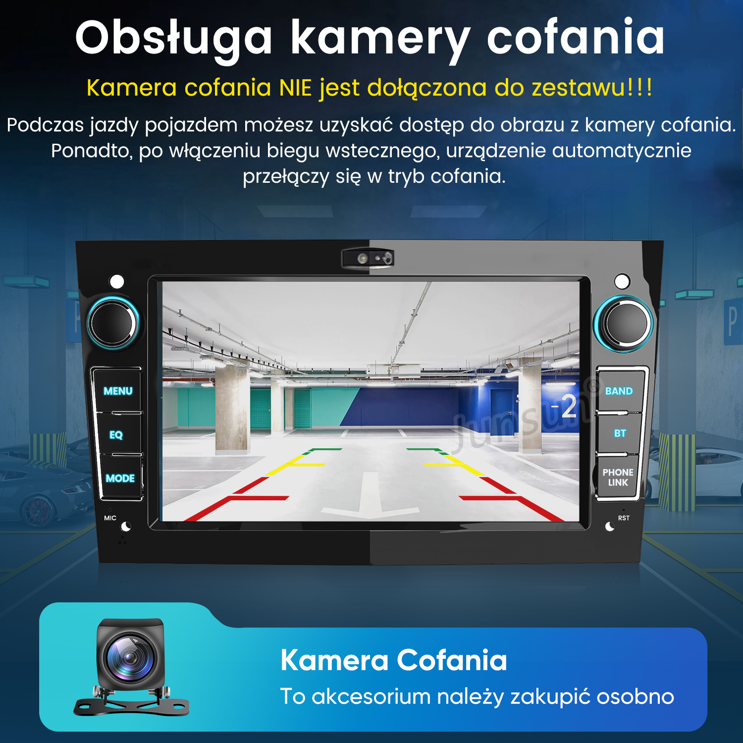 Radio samochodowe wyświetla obraz z kamery cofania parkingu podziemnego z liniami pomocniczymi.