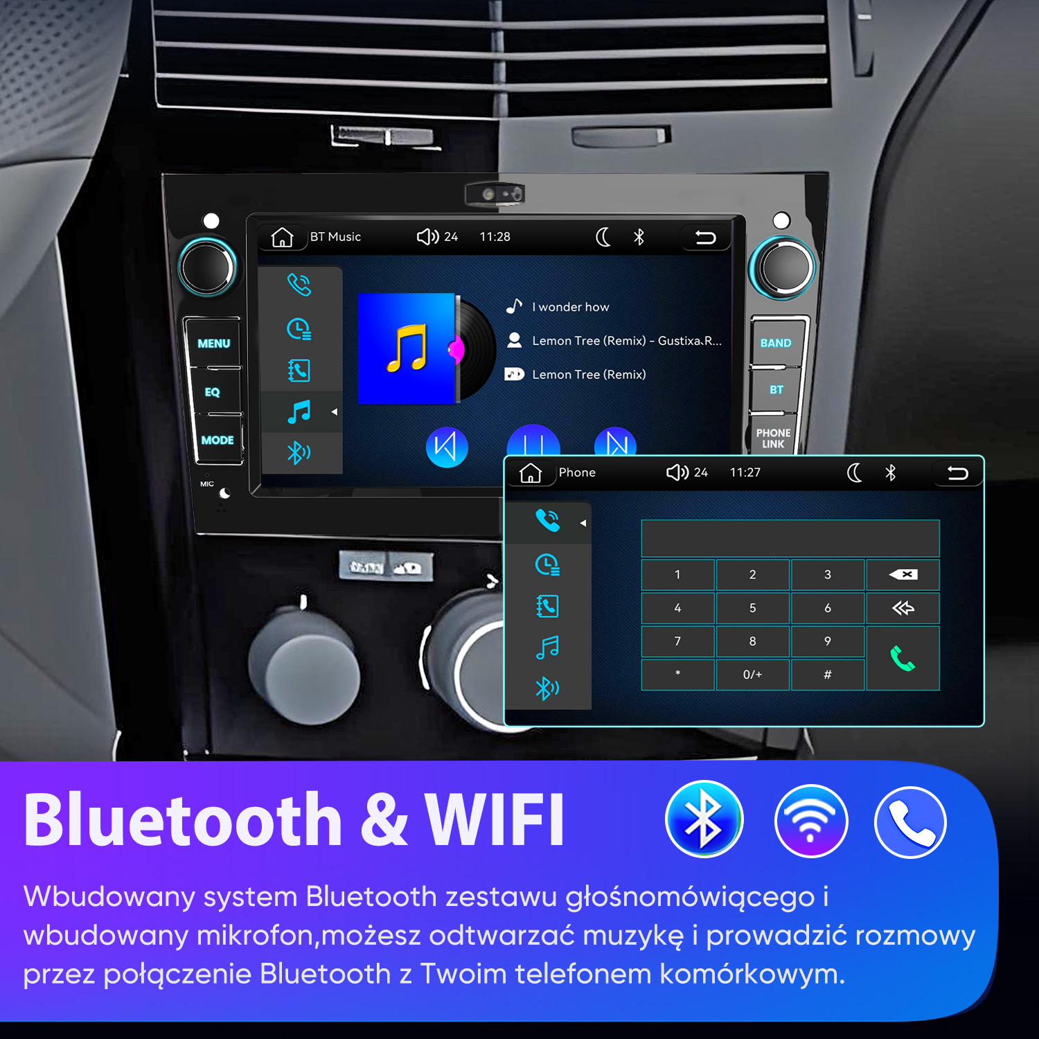 Radio samochodowe z ekranem dotykowym, odtwarzaczem muzyki i klawiaturą, z Bluetooth i Wi-Fi.