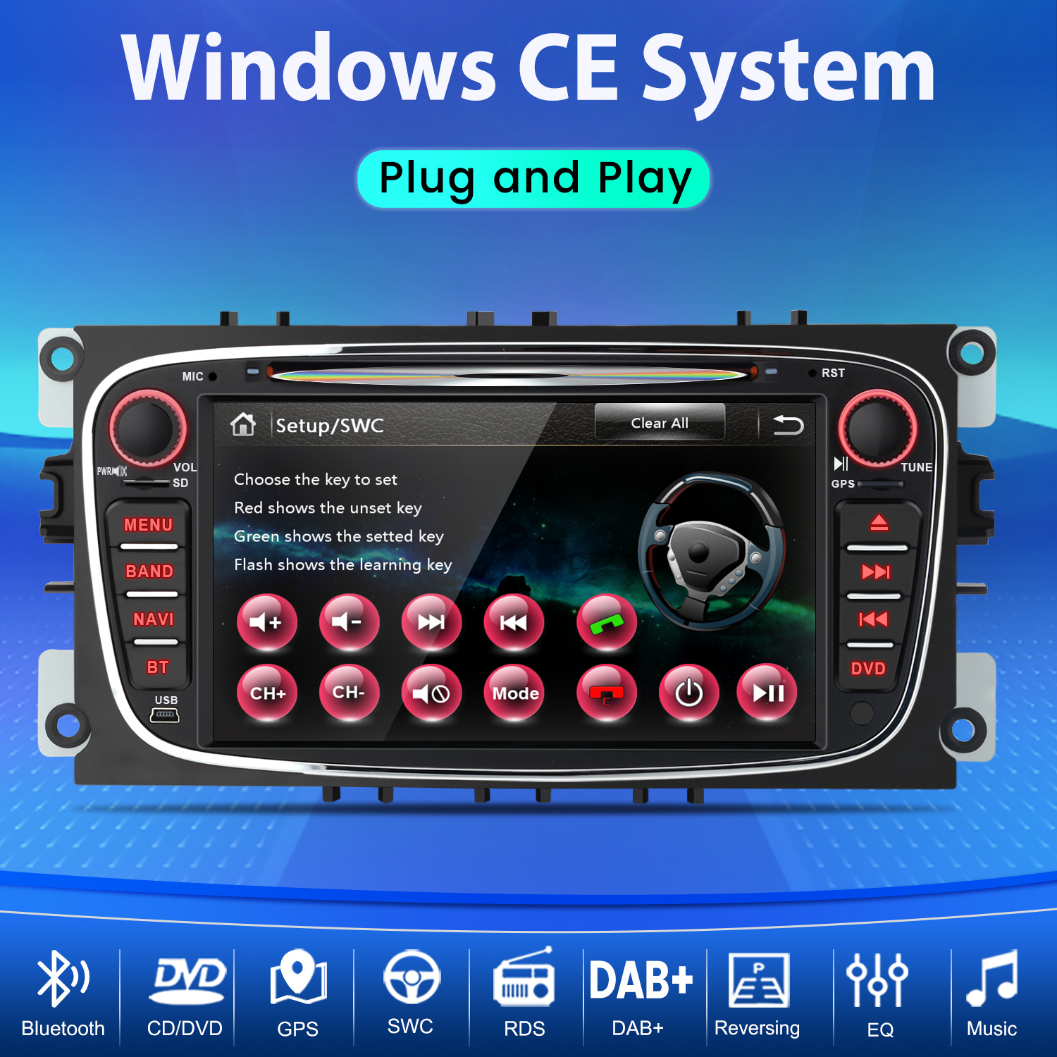 Samochodowy system stereo Windows CE z ekranem dotykowym, przyciskami fizycznymi i ikonami mediów.