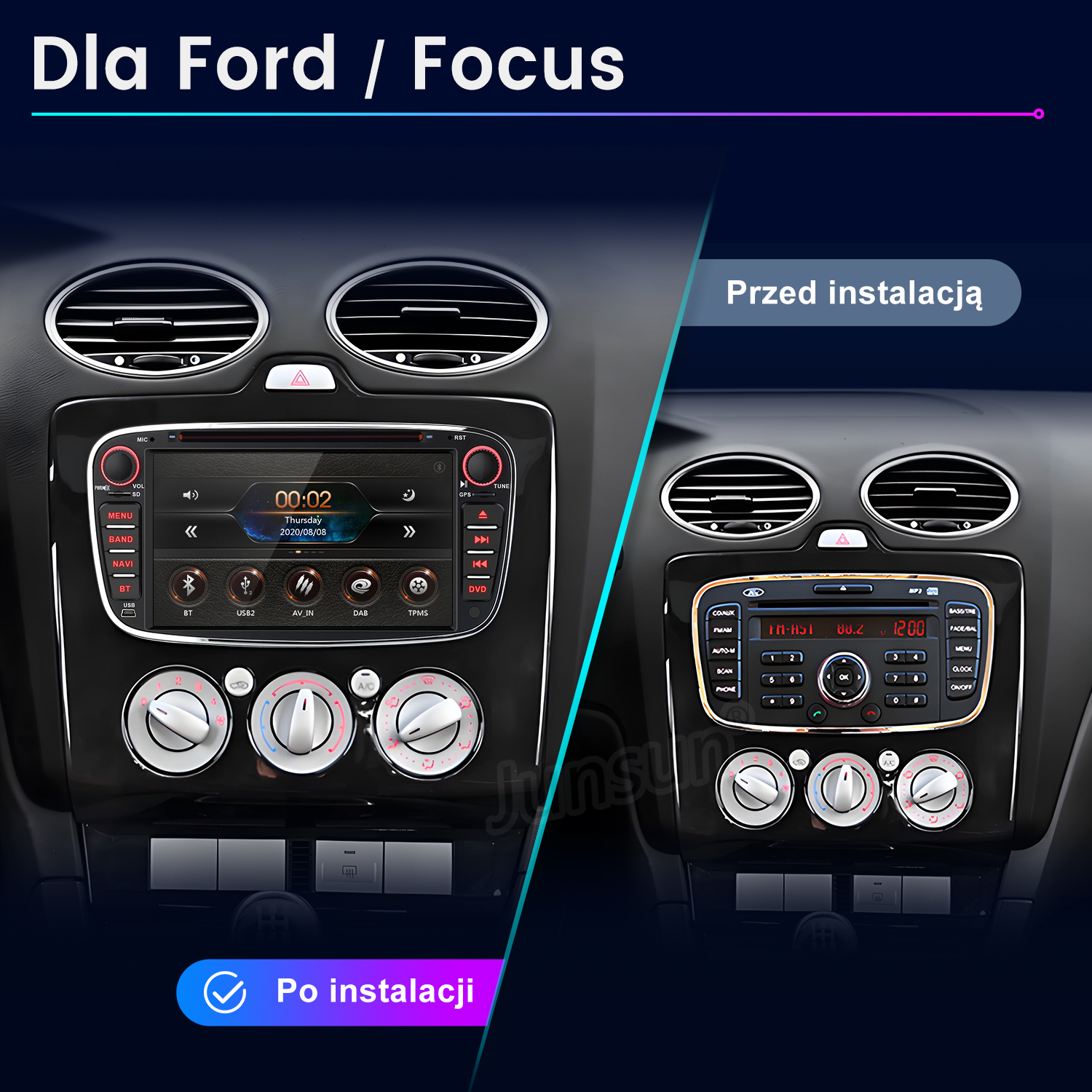 Porównanie deski rozdzielczej Forda Focus przed i po instalacji nowego systemu multimedialnego.