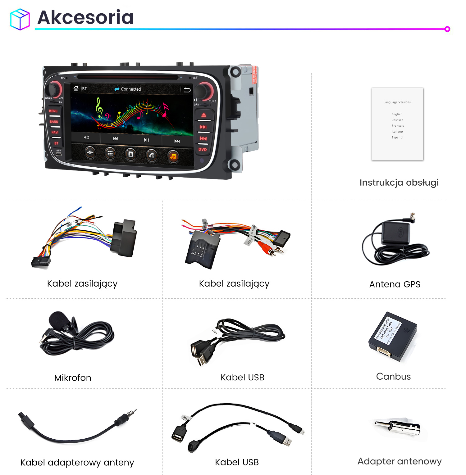 Radio samochodowe z wyświetlaczem oraz akcesoriami takimi jak kable, antena GPS i mikrofon.